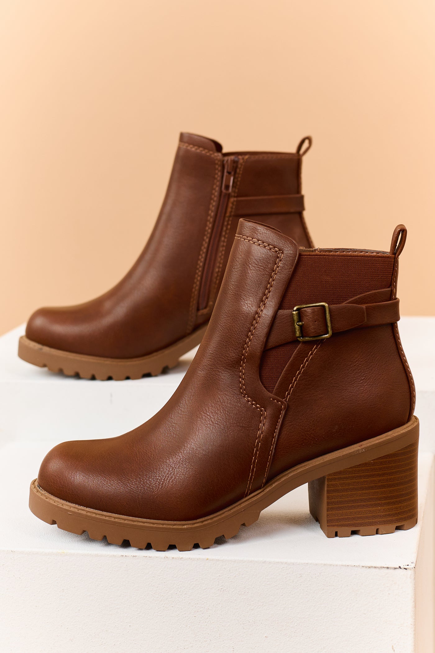 Spice Faux Leather Block Heel Buckle Ankle Boots