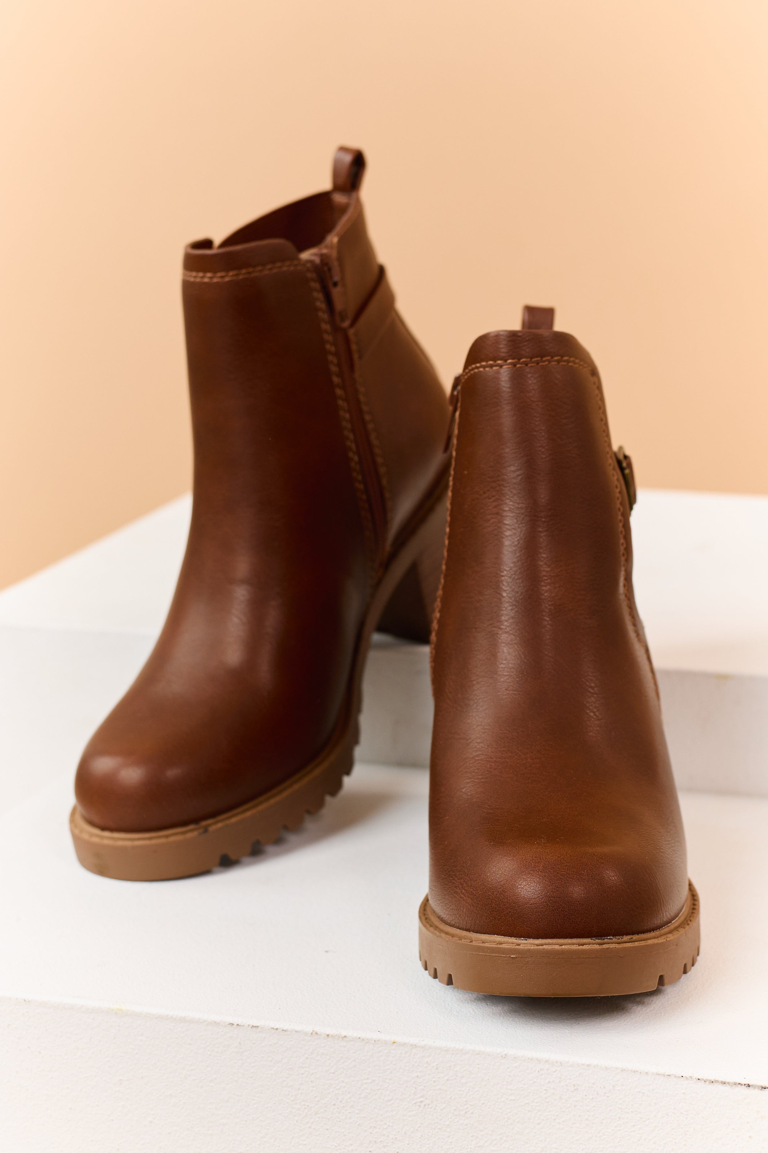 Spice Faux Leather Block Heel Buckle Ankle Boots