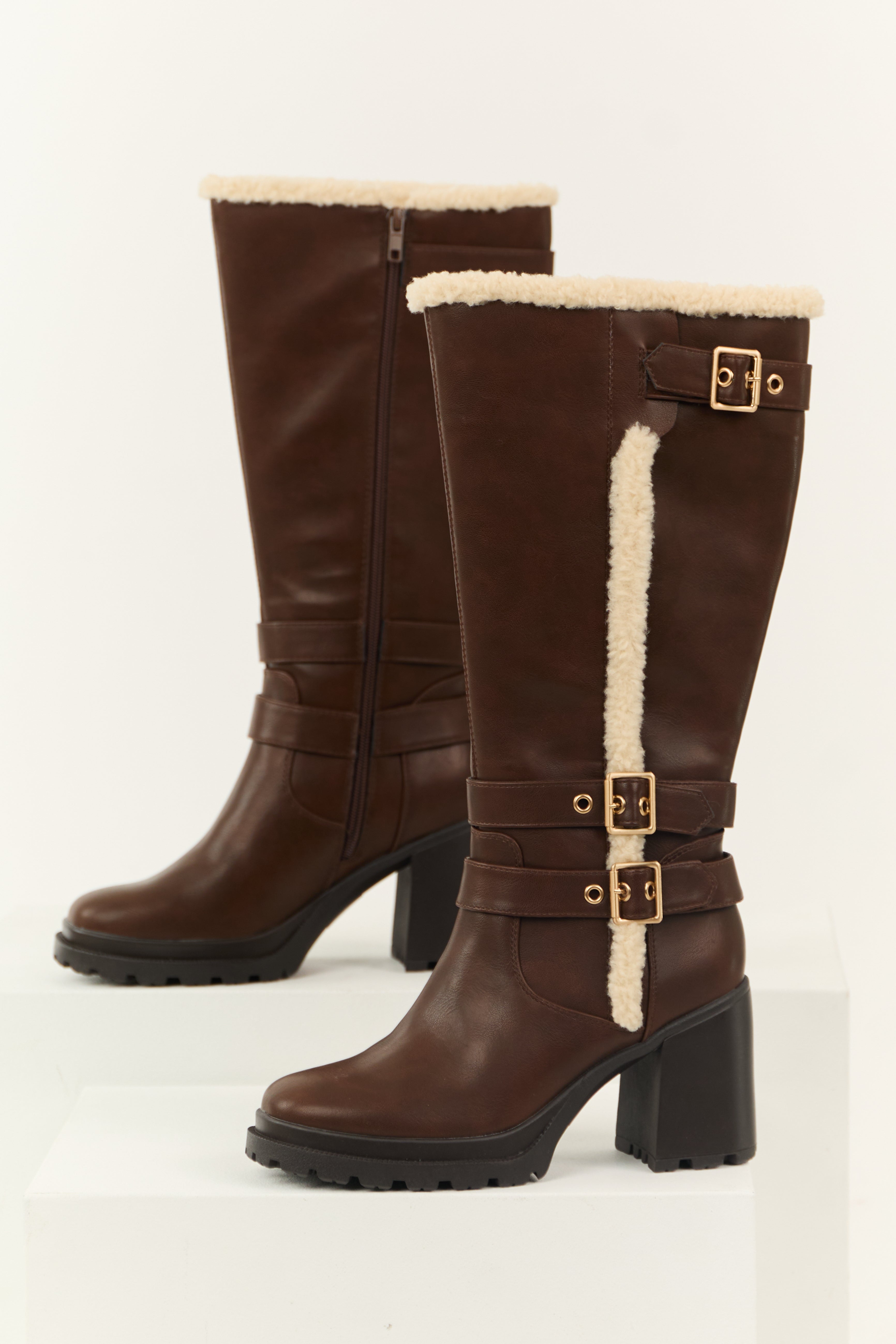 Spice Faux Leather Sherpa Lined Tall Platform Boots | Lime Lush