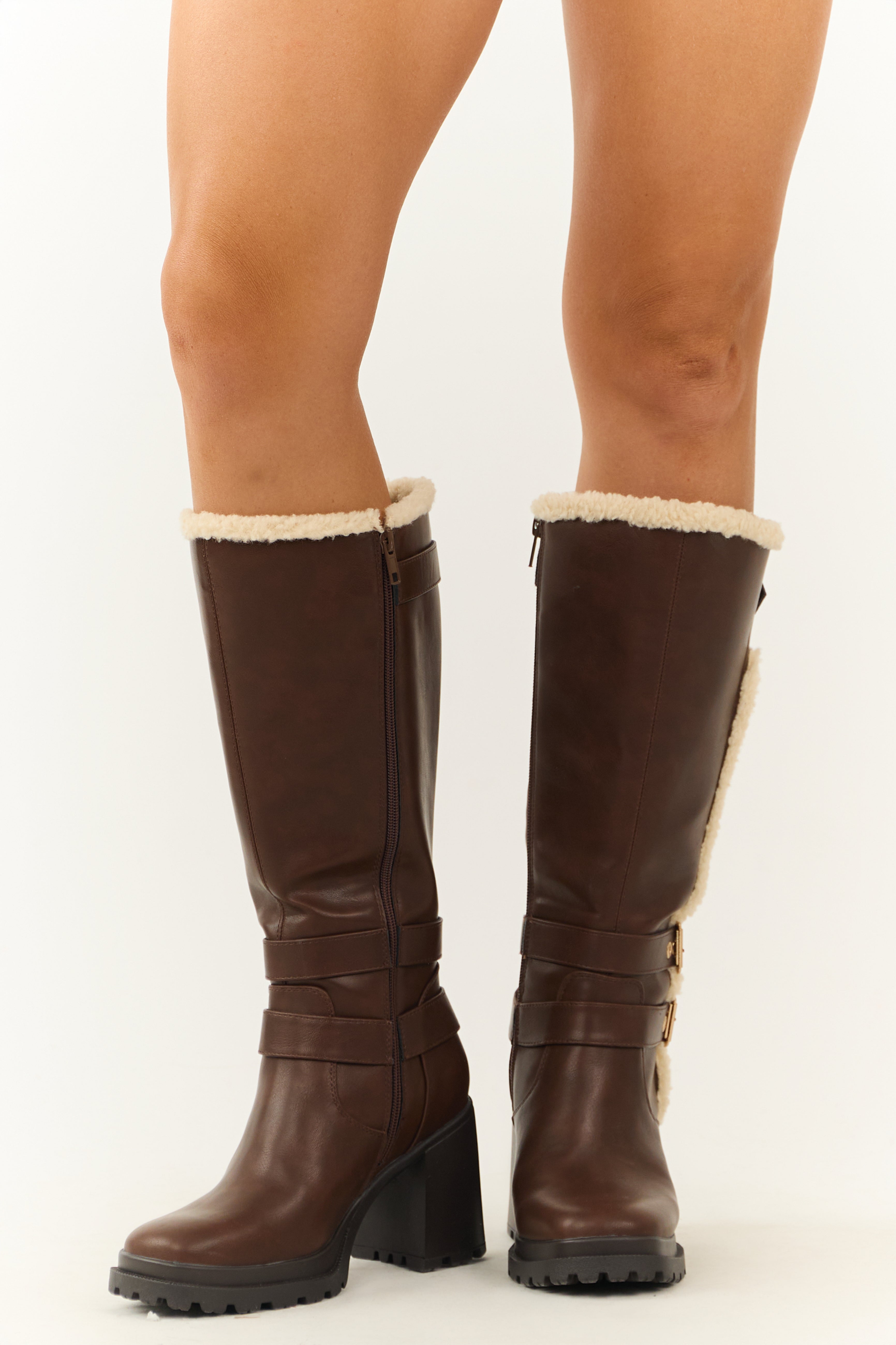 Spice Faux Leather Sherpa Lined Tall Platform Boots | Lime Lush