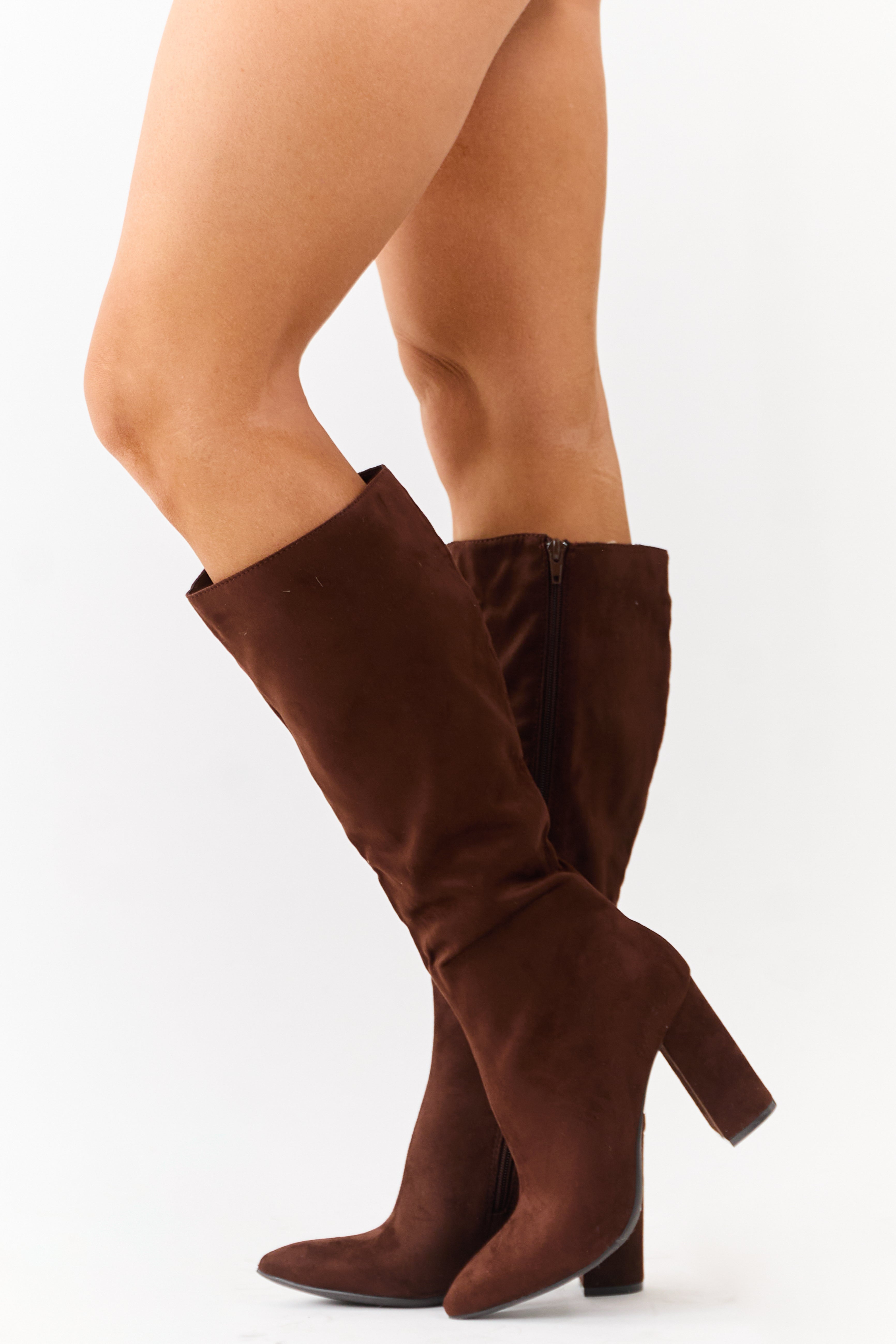 Spice Faux Suede Pointed Toe Block Heel Tall Boots