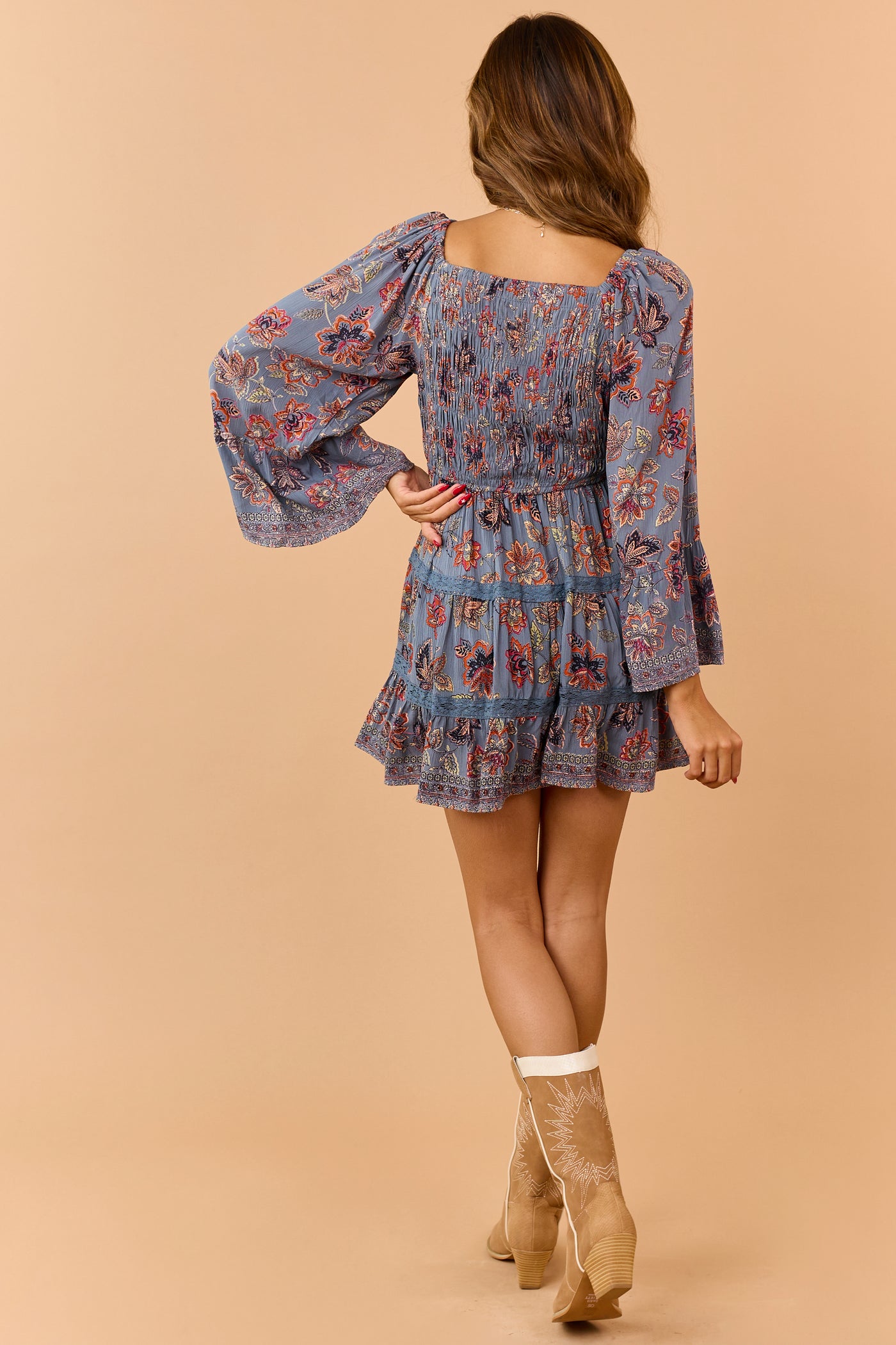Spruce Floral Print V-Neck Tiered Mini Dress