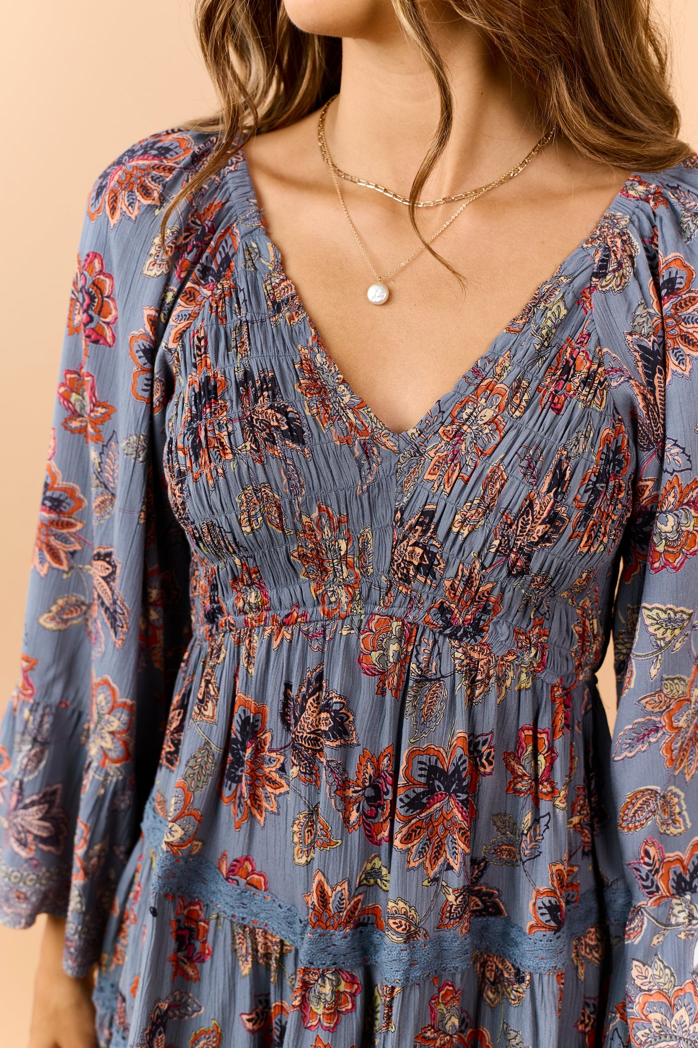 Spruce Floral Print V-Neck Tiered Mini Dress
