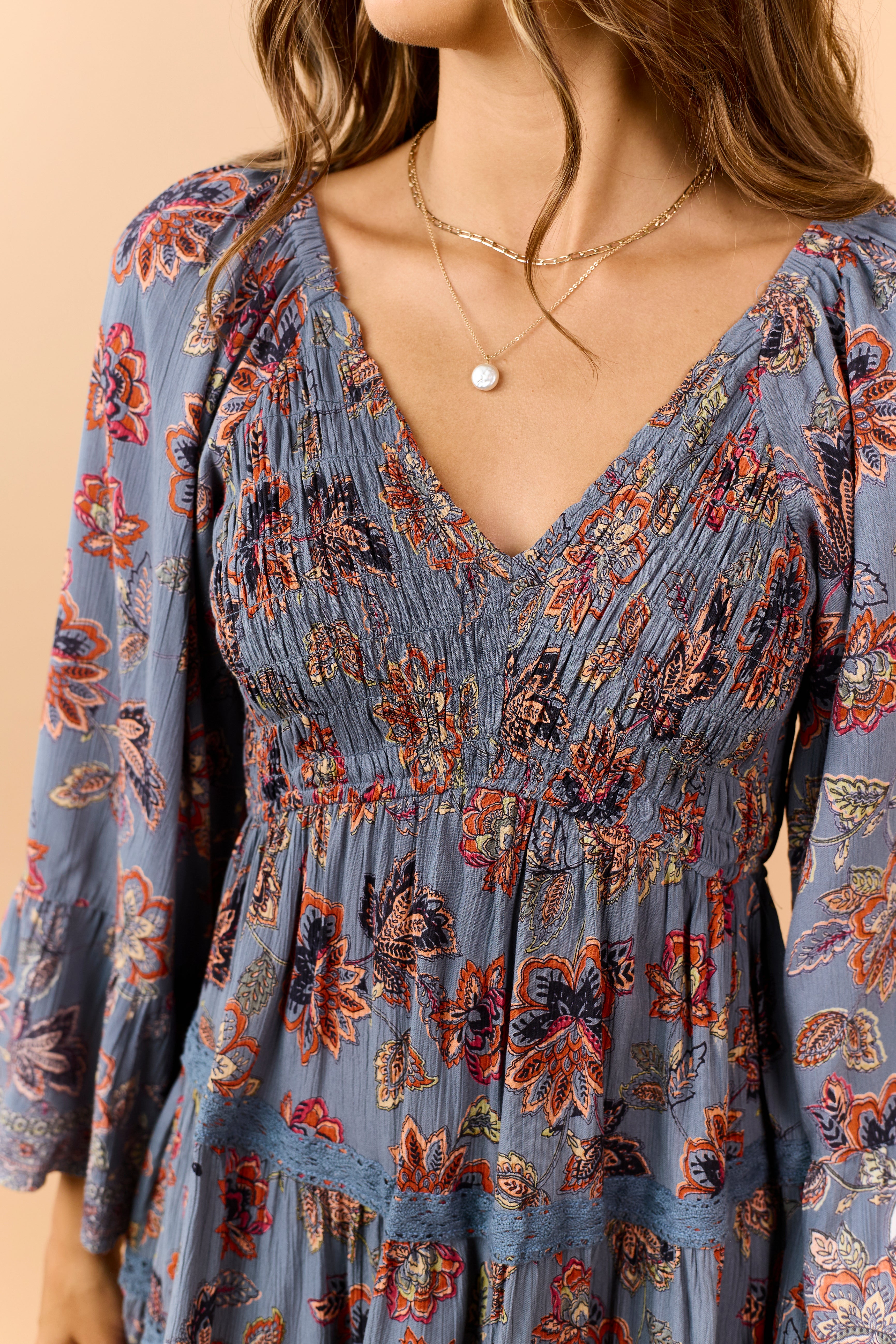 Spruce Floral Print V-Neck Tiered Mini Dress