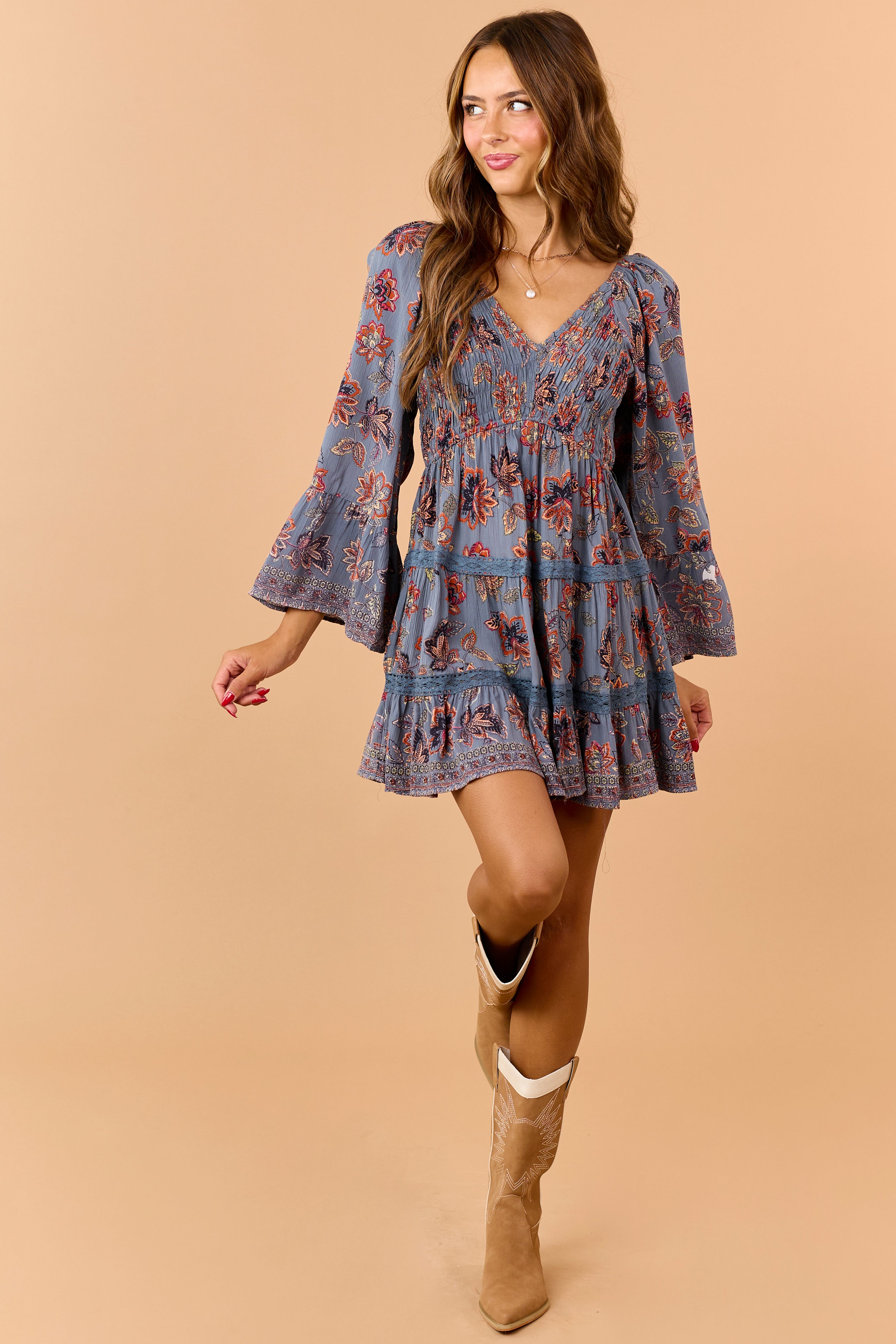 Spruce Floral Print V-Neck Tiered Mini Dress