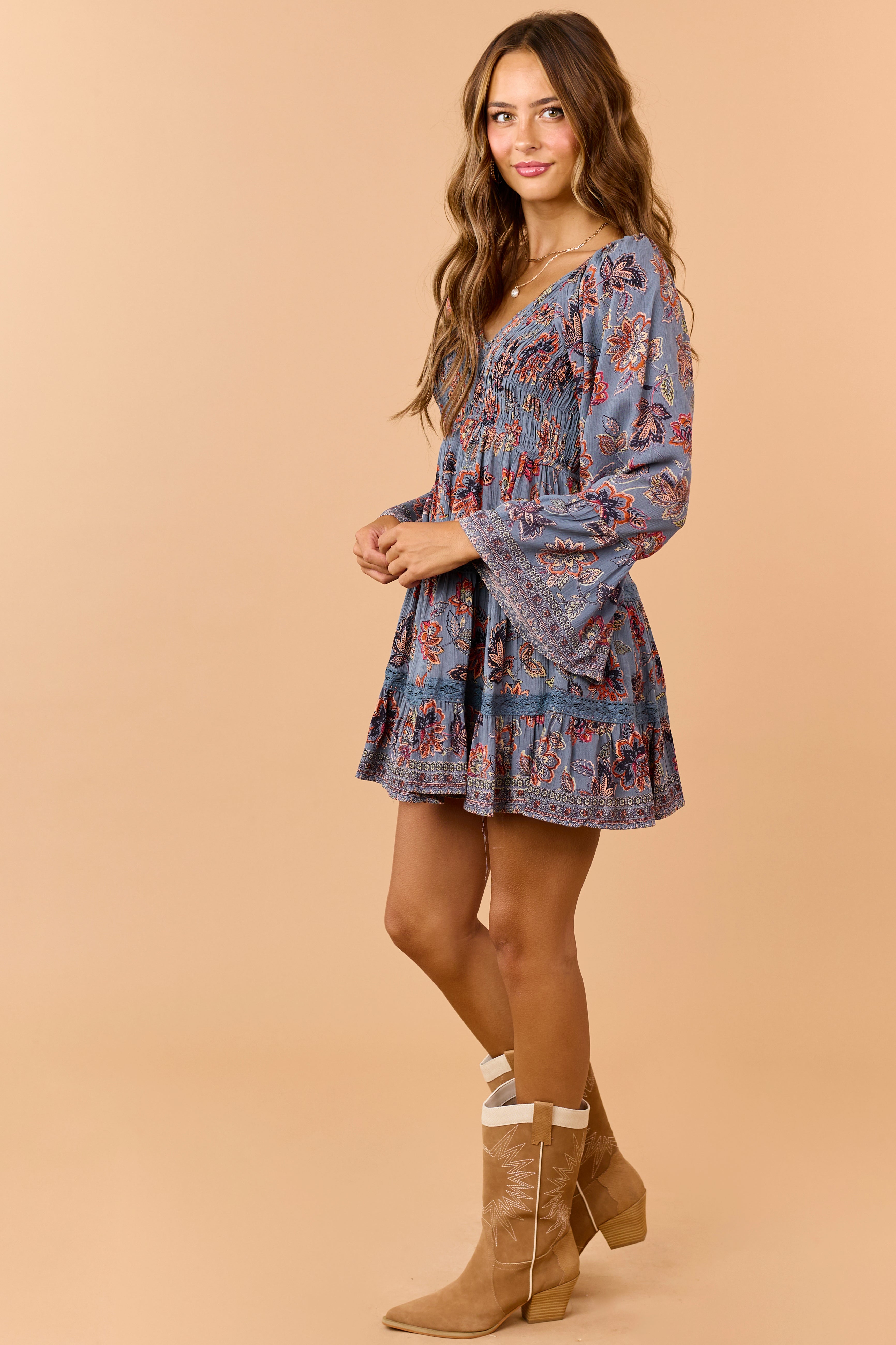 Spruce Floral Print V-Neck Tiered Mini Dress