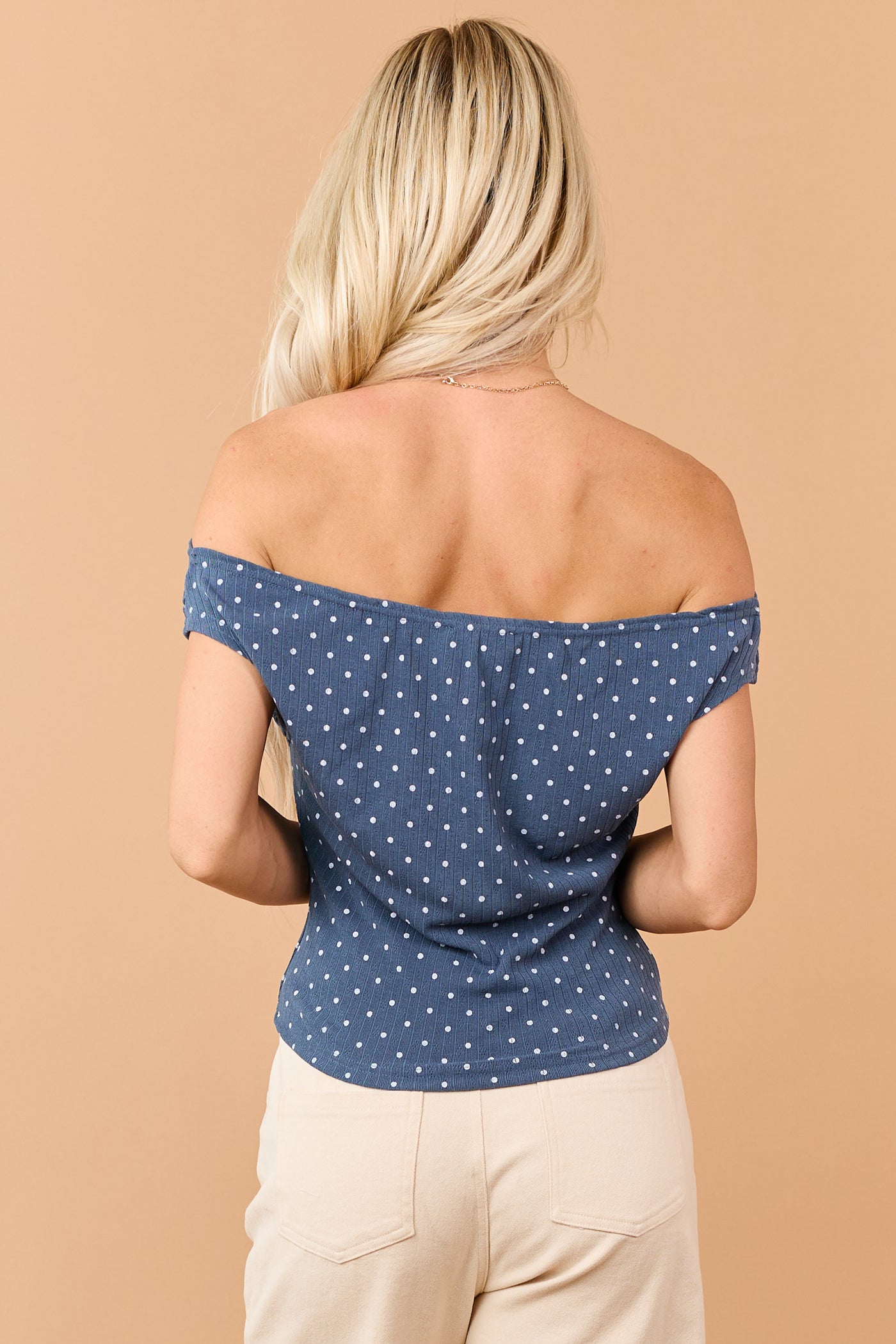 Spruce Polka Dot Off the Shoulder Knit Top