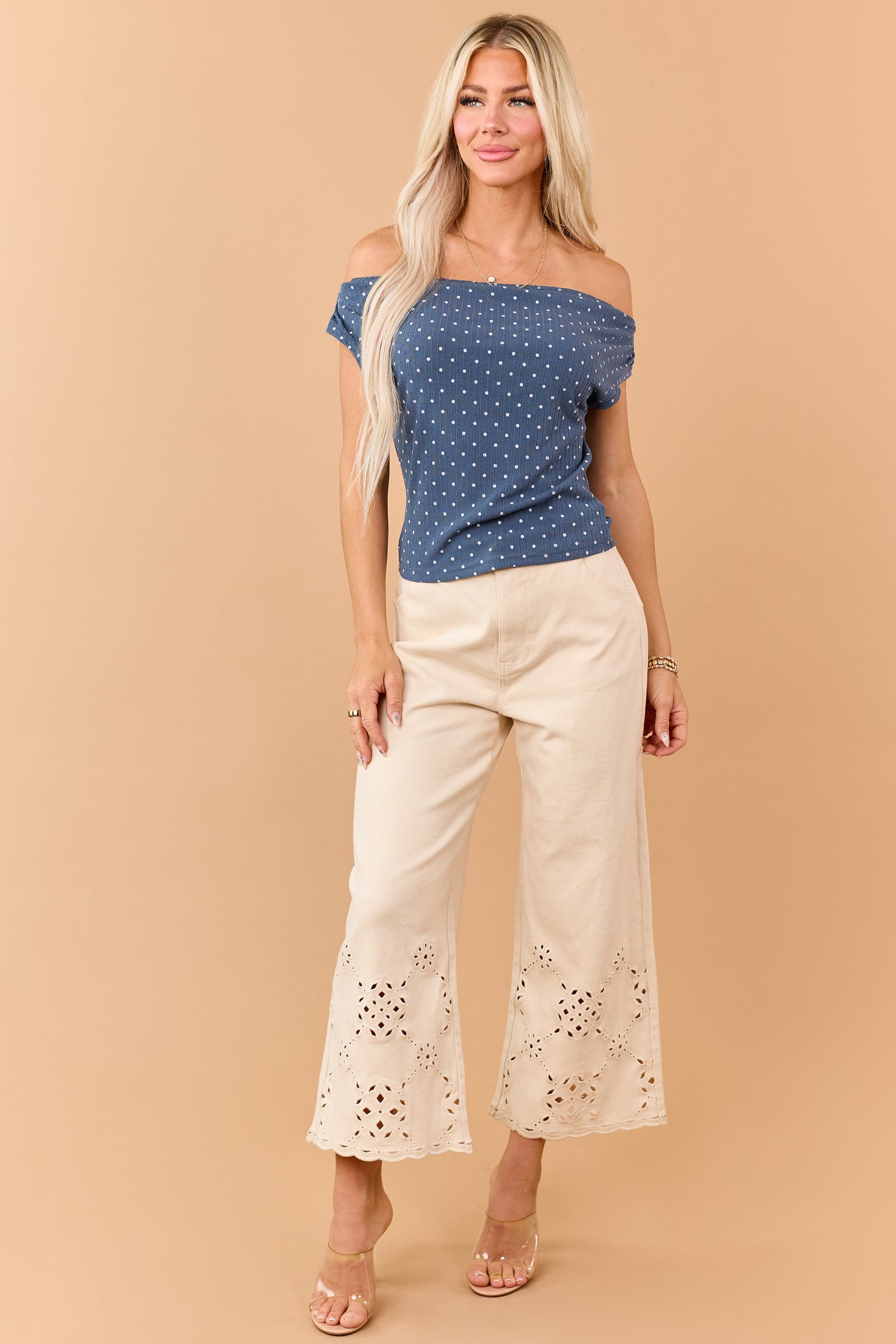 Spruce Polka Dot Off the Shoulder Knit Top