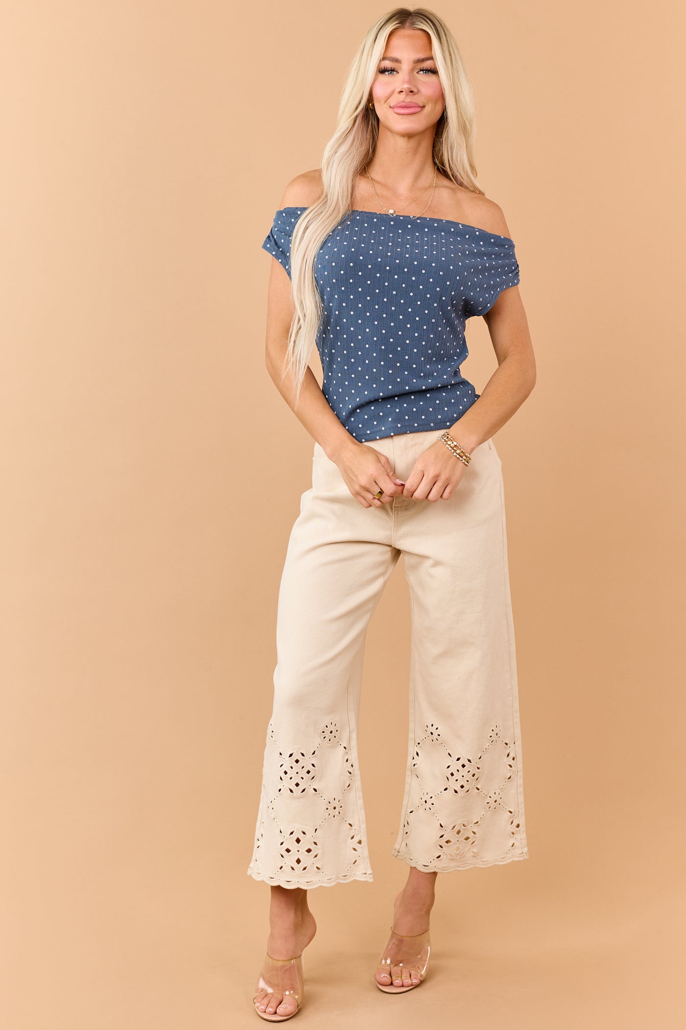 Spruce Polka Dot Off the Shoulder Knit Top