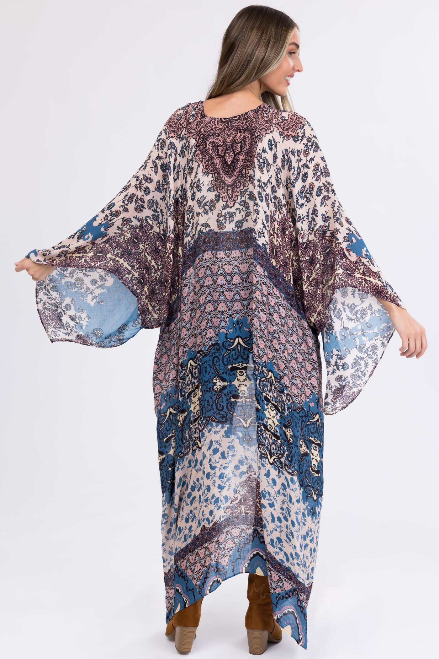 Steel Blue Abstract Floral Print Long Kimono
