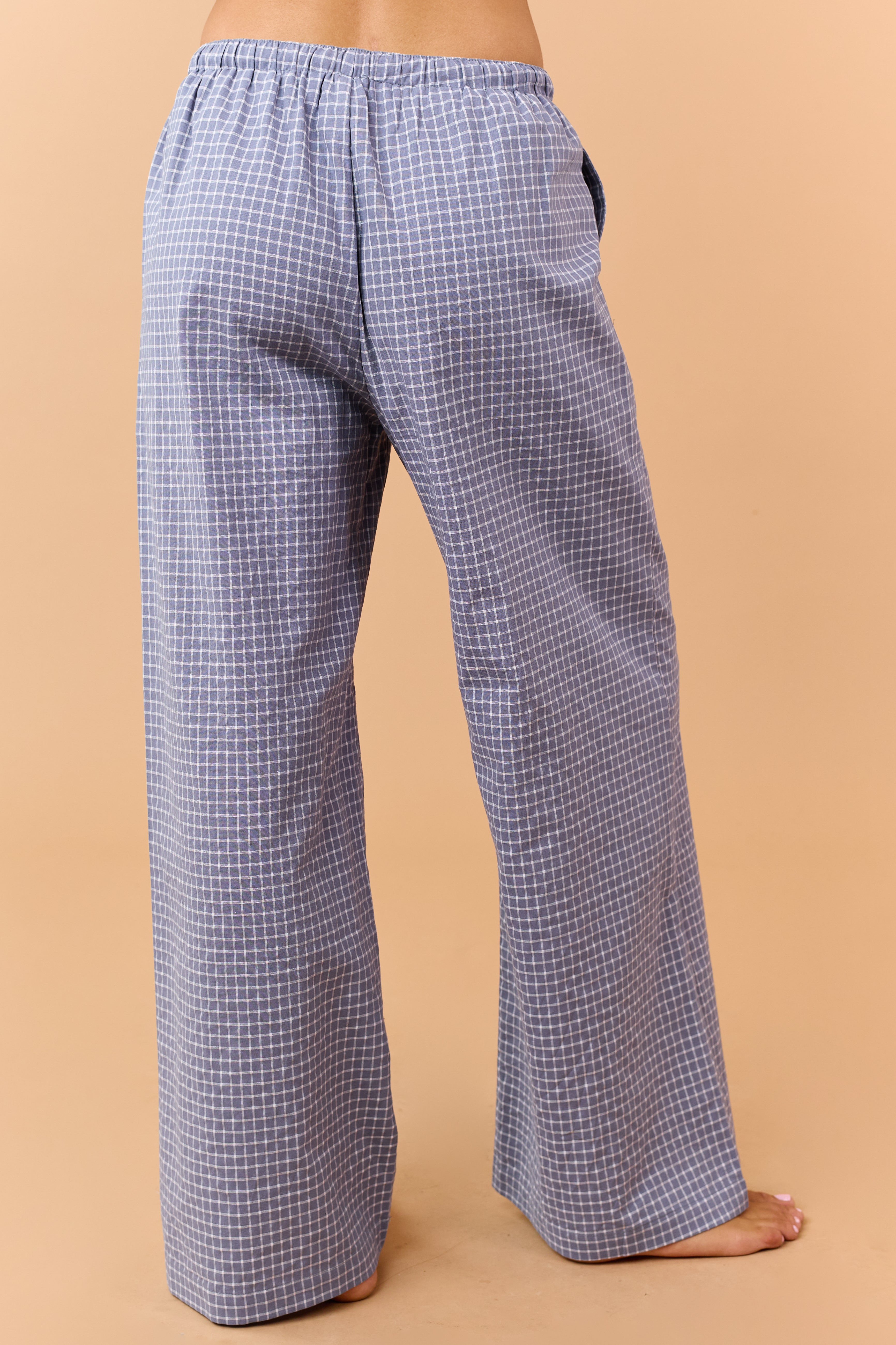 Steel Blue Checkered Cotton Drawstring Pants