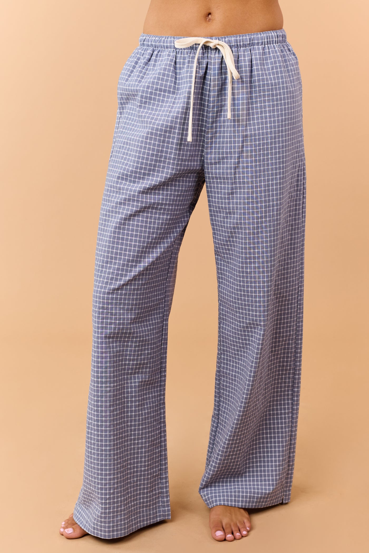 Steel Blue Checkered Cotton Drawstring Pants