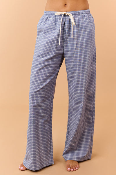 Steel Blue Checkered Cotton Drawstring Pants