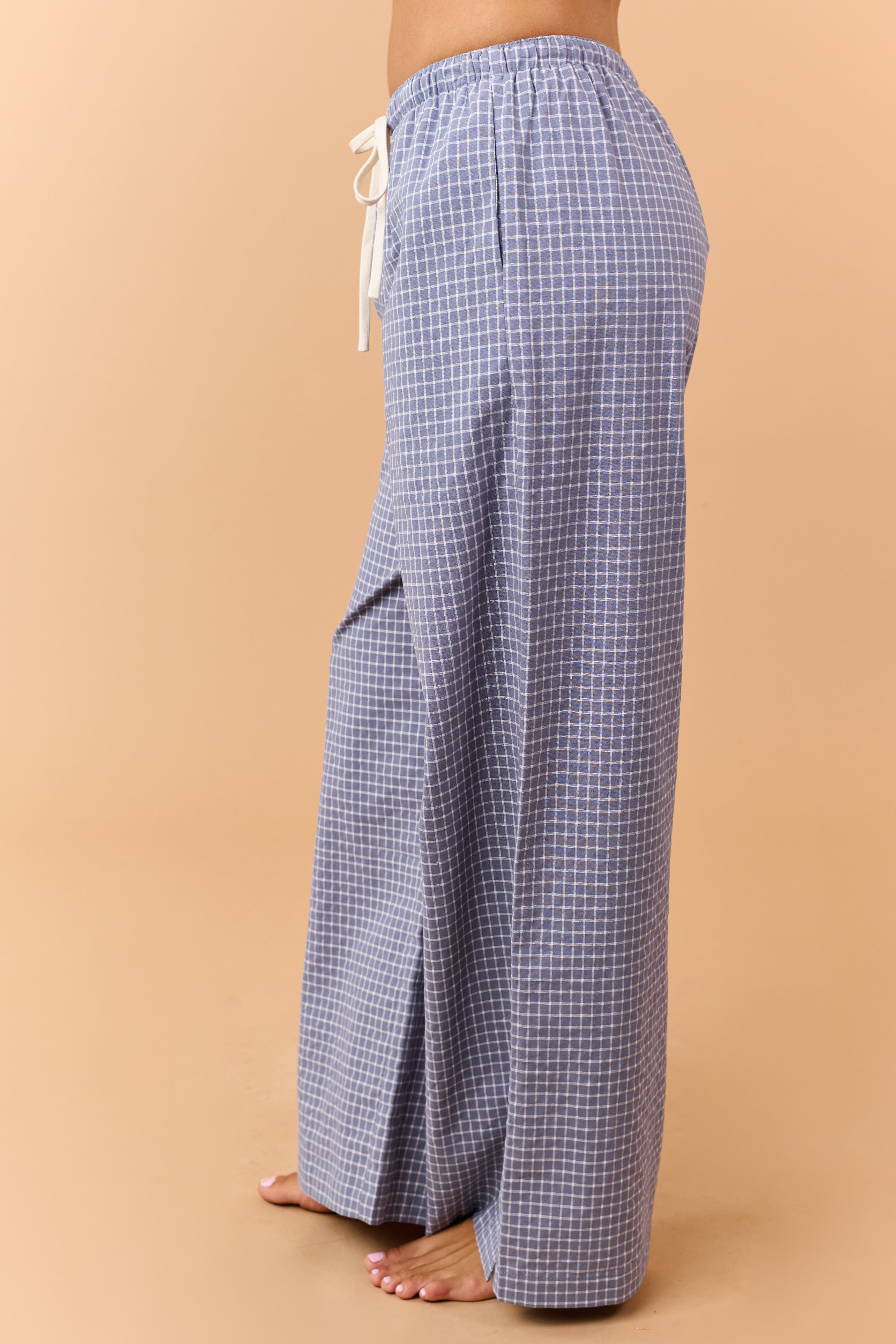 Steel Blue Checkered Cotton Drawstring Pants