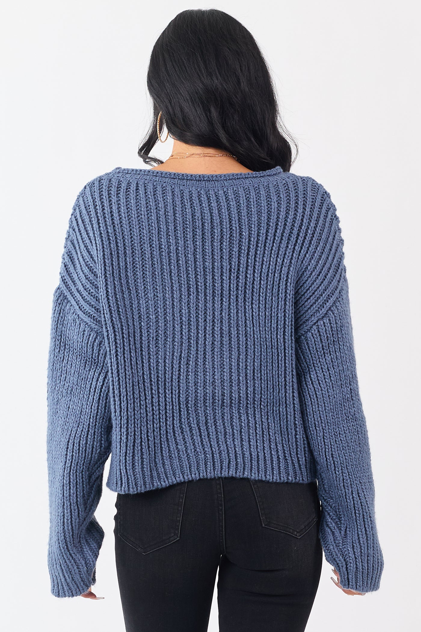Steel Blue Chunky Rib Knit Boxy Boat Neck Sweater