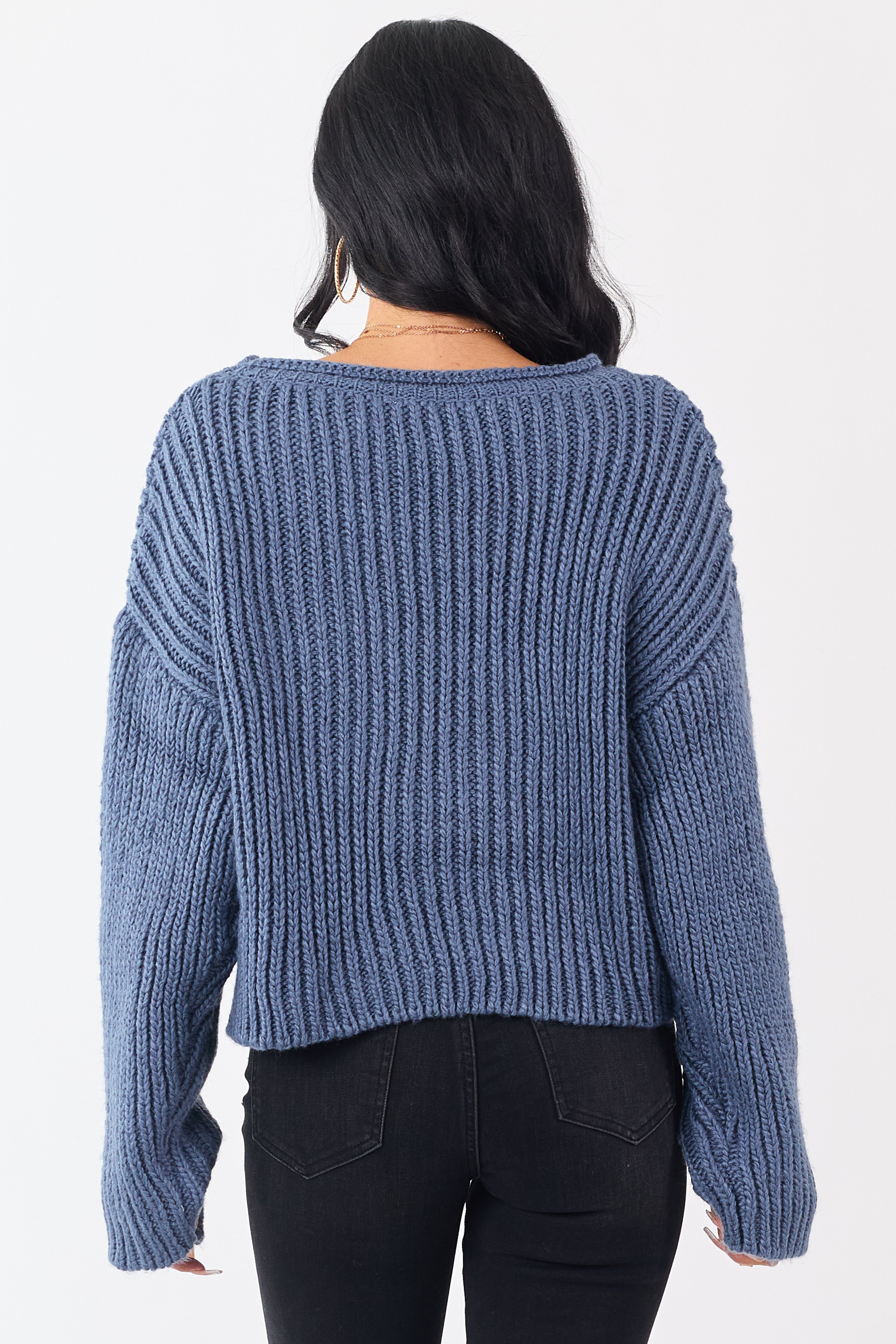 Steel Blue Chunky Rib Knit Boxy Boat Neck Sweater
