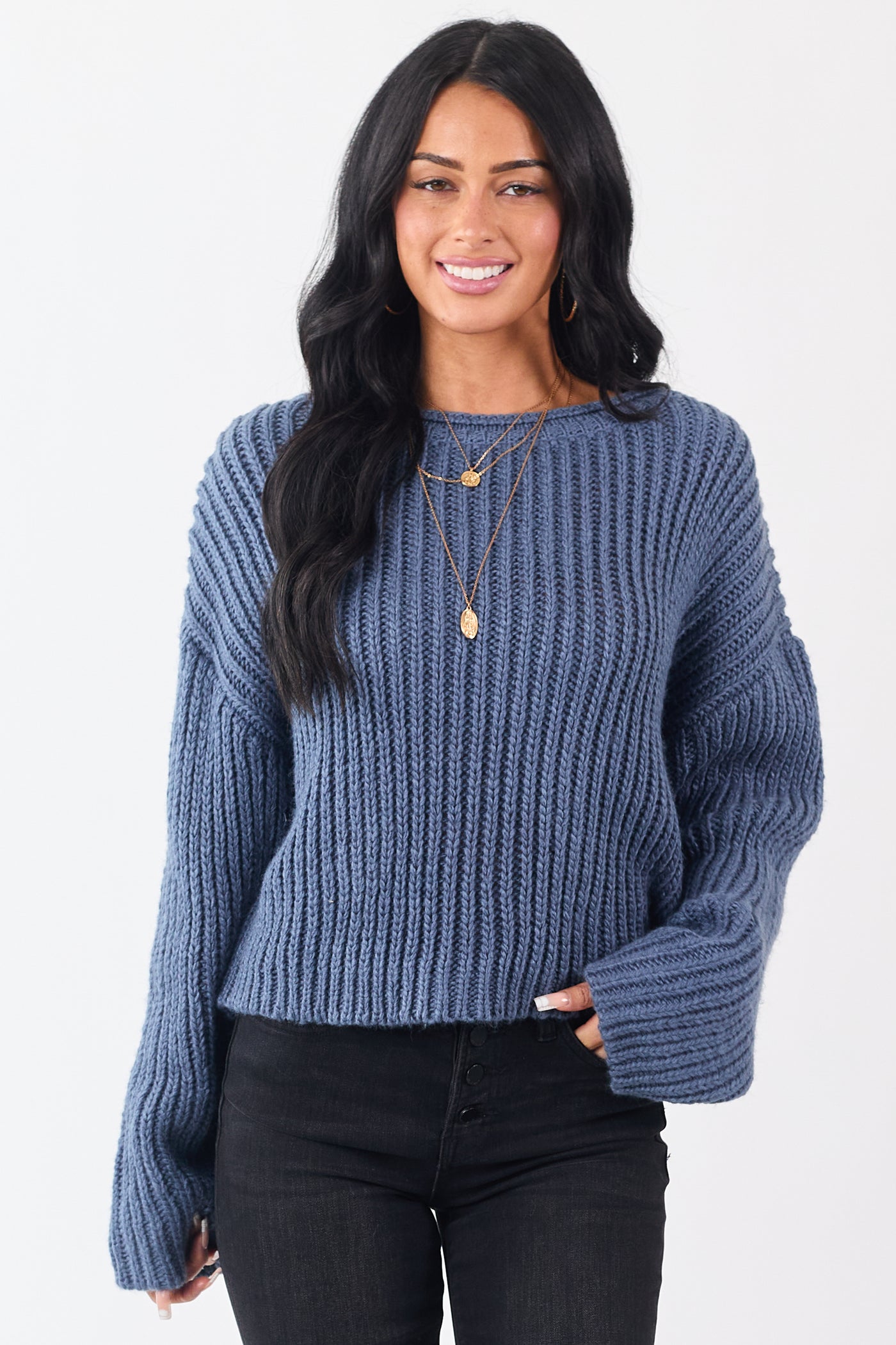 Steel Blue Chunky Rib Knit Boxy Boat Neck Sweater