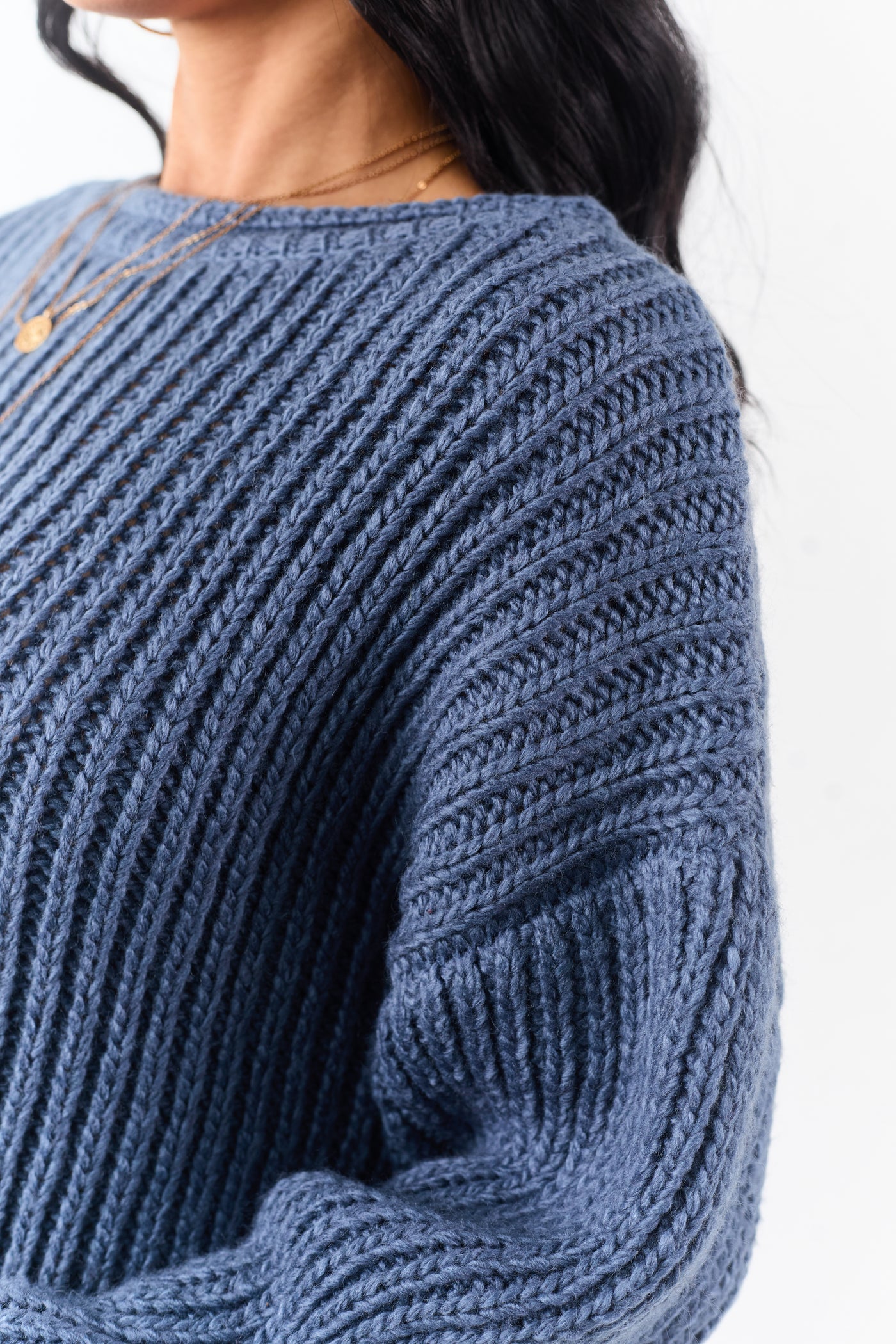 Steel Blue Chunky Rib Knit Boxy Boat Neck Sweater