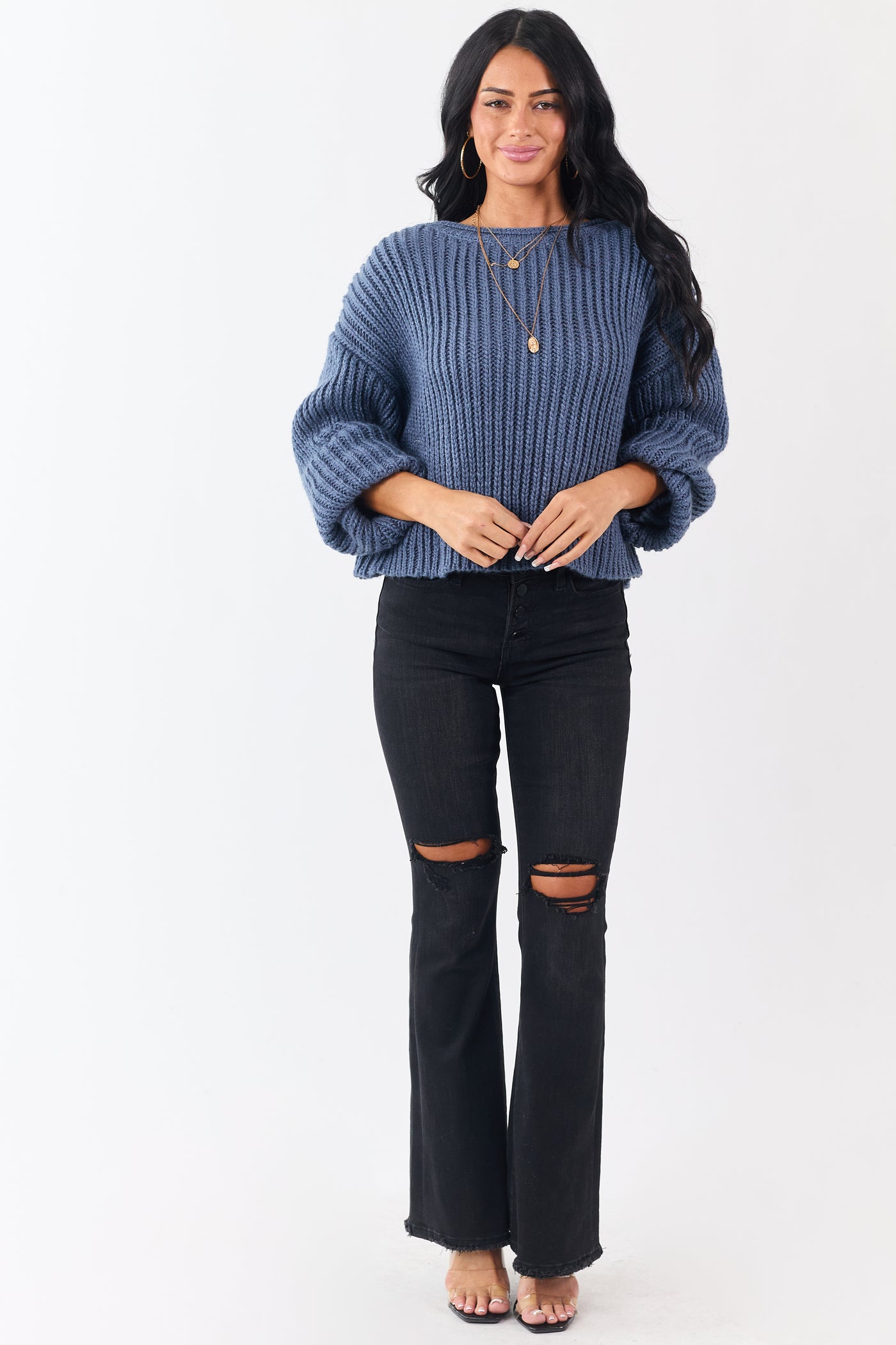 Steel Blue Chunky Rib Knit Boxy Boat Neck Sweater