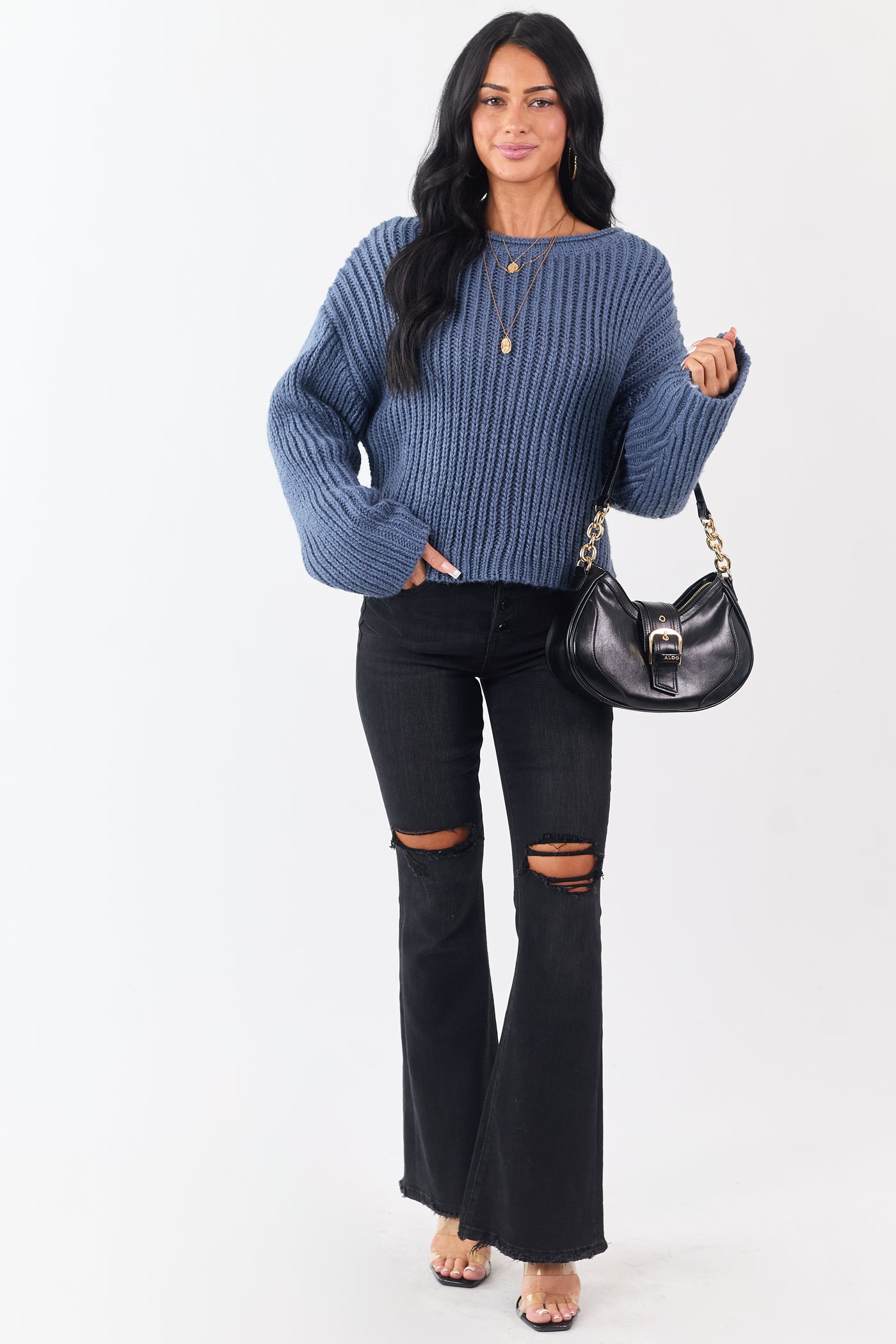 Steel Blue Chunky Rib Knit Boxy Boat Neck Sweater