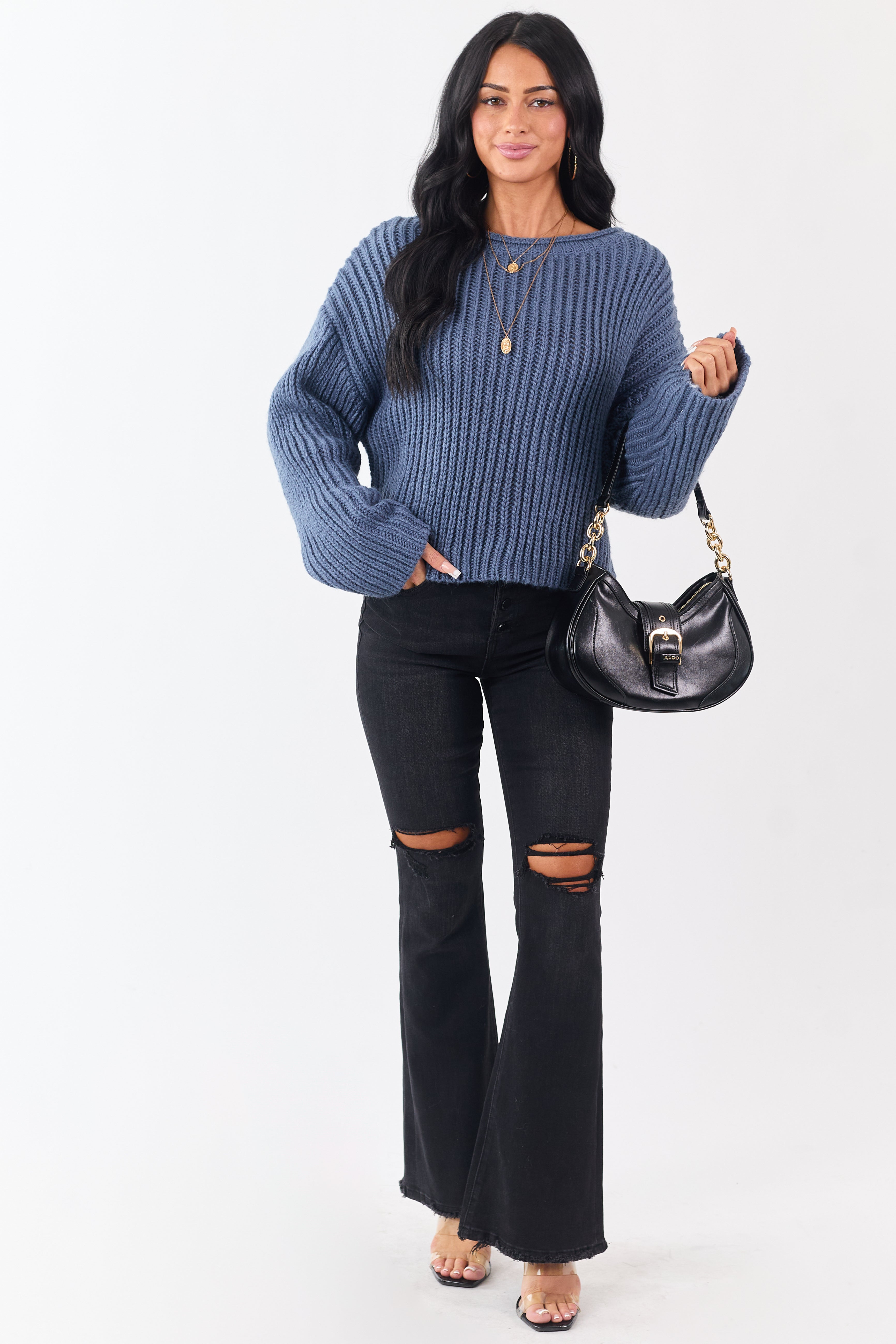 Steel Blue Chunky Rib Knit Boxy Boat Neck Sweater