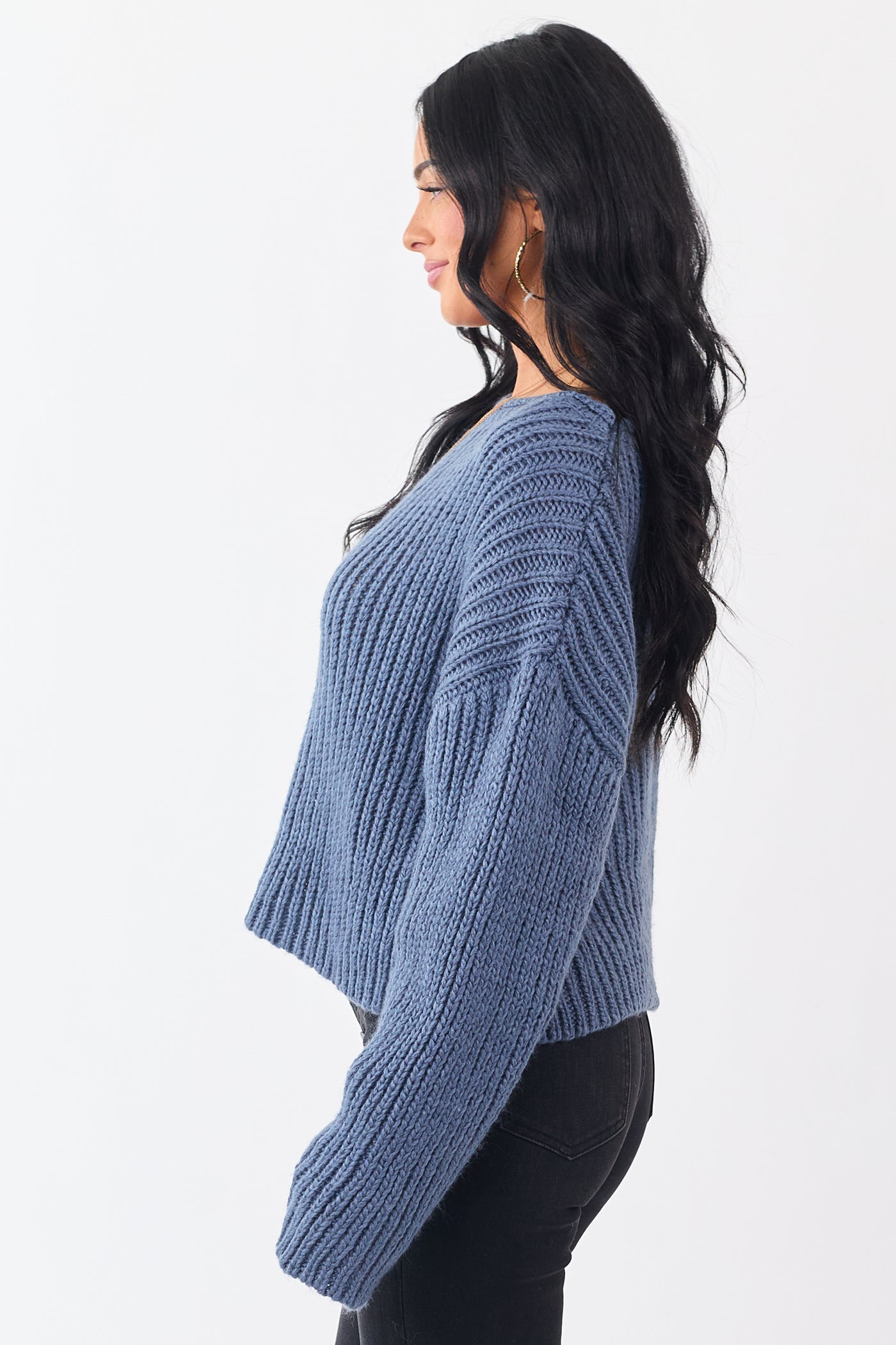 Steel Blue Chunky Rib Knit Boxy Boat Neck Sweater