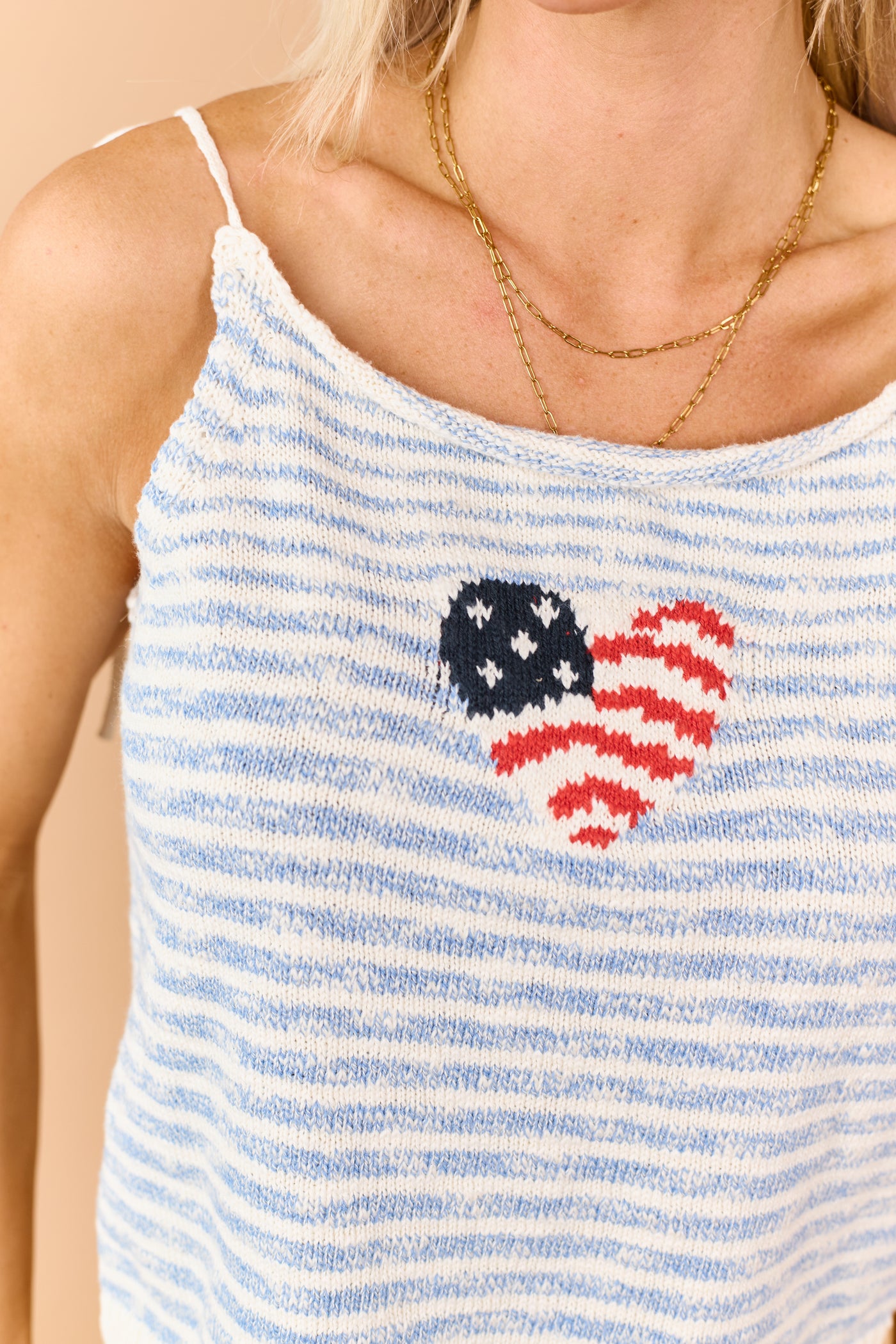 Steel Blue Cotton Stripe Heart Flag Graphic Tank Top