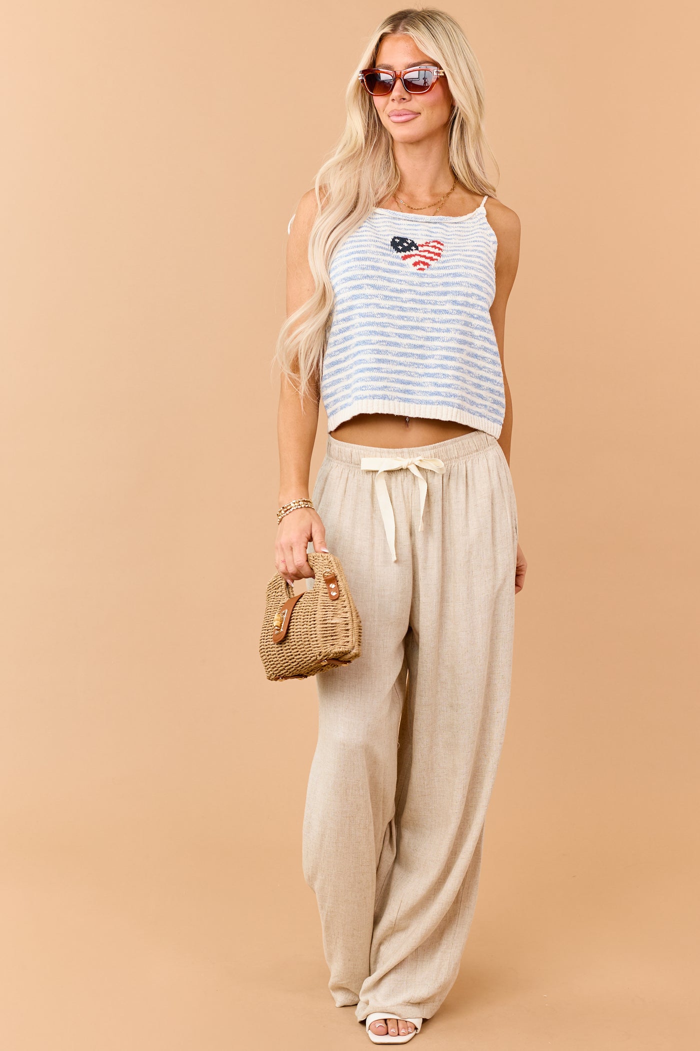 Steel Blue Cotton Stripe Heart Flag Graphic Tank Top