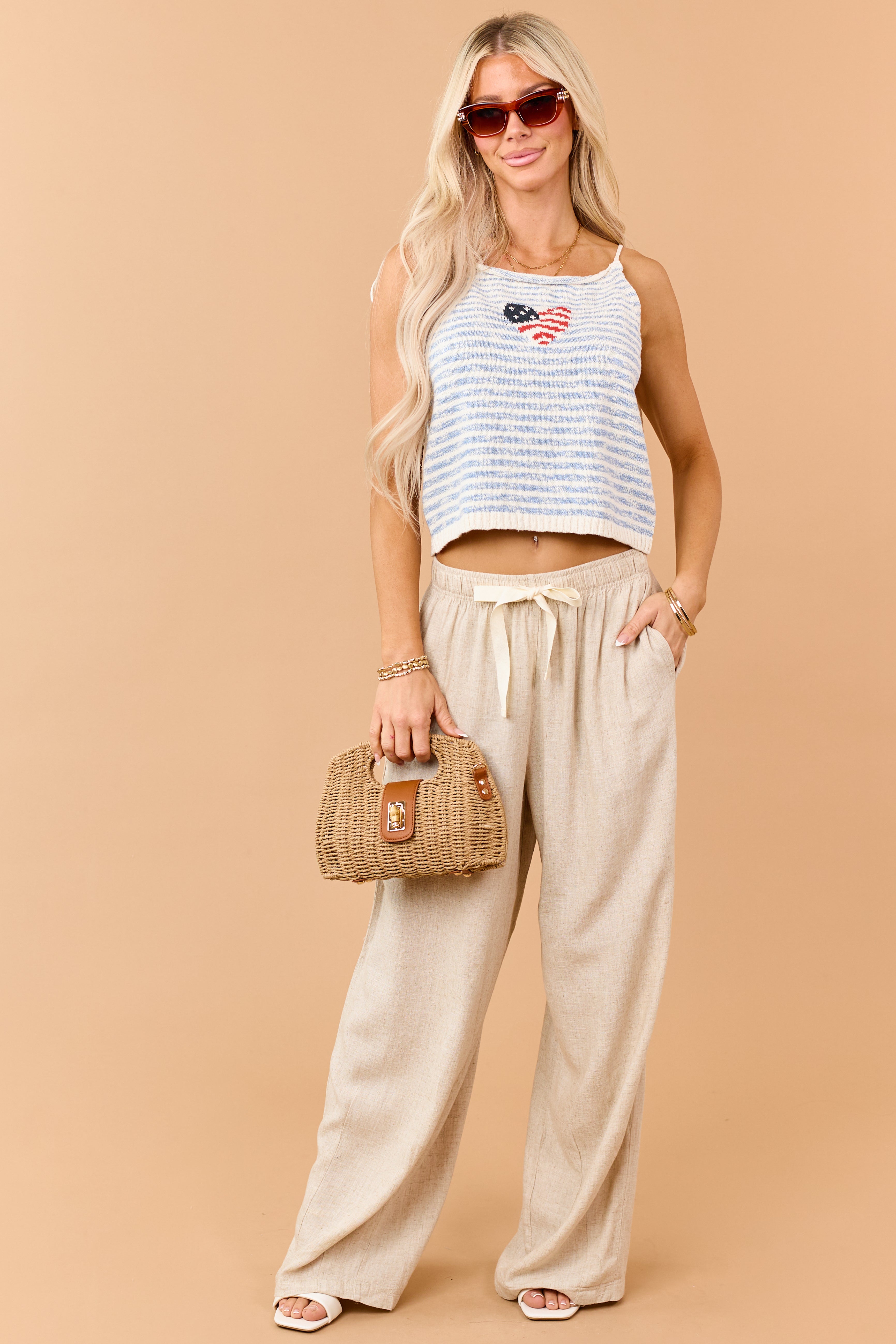 Steel Blue Cotton Stripe Heart Flag Graphic Tank Top