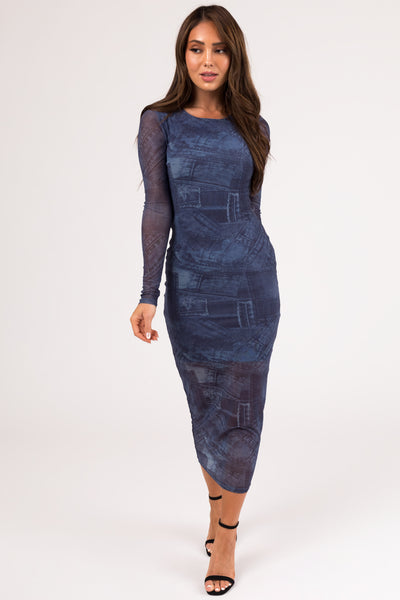 Steel Blue Denim Patch Print Maxi Dress