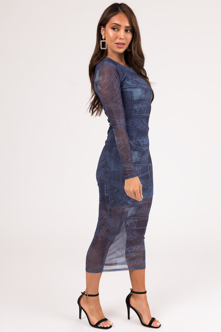 Steel Blue Denim Patch Print Maxi Dress