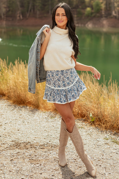 Steel Blue Floral Print Tiered Lace Mini Skort