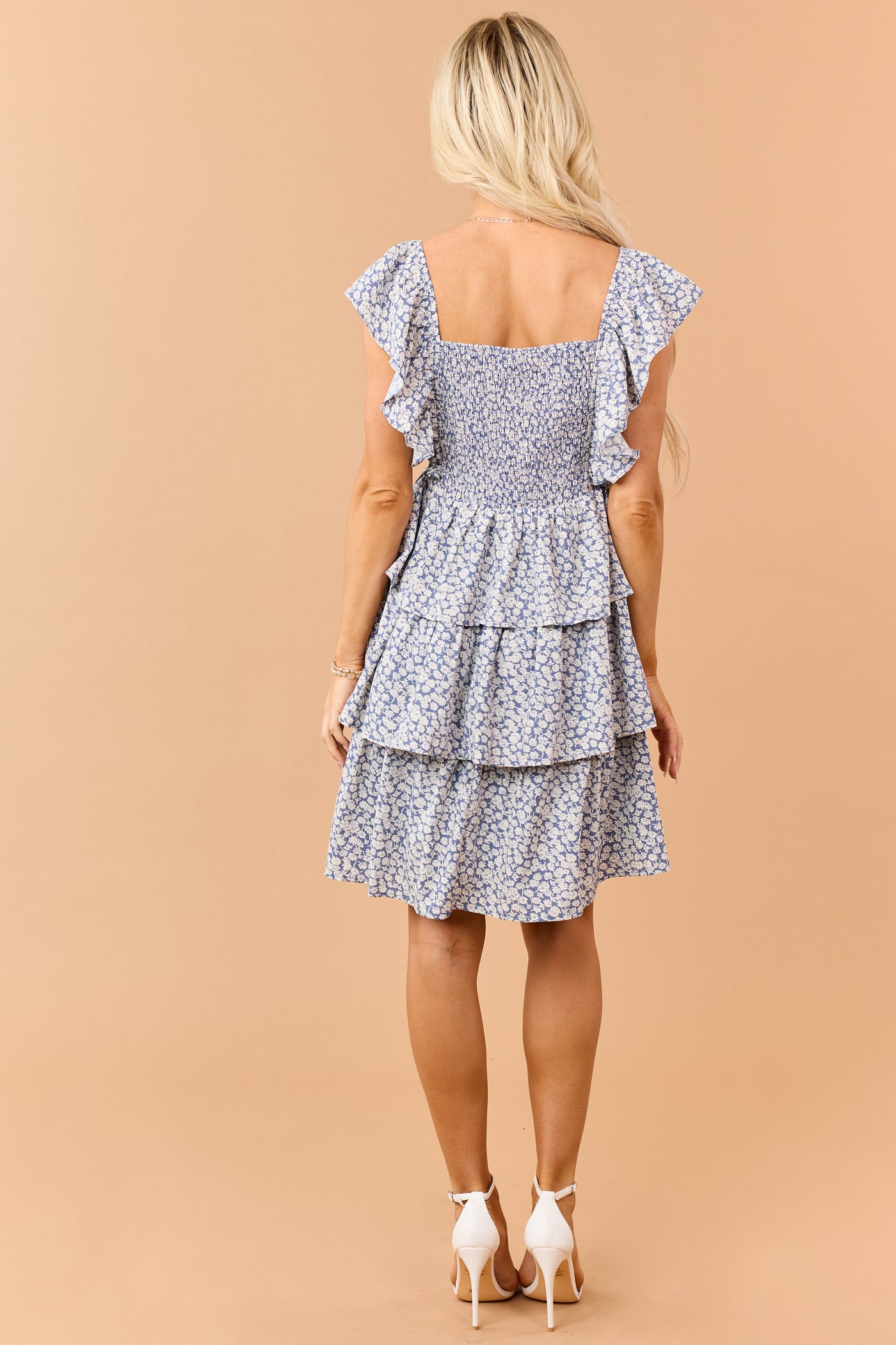 Steel Blue Floral Print Tiered Ruffle Short Dress Steel Blue Floral Print Tiered Ruffle Short Dress