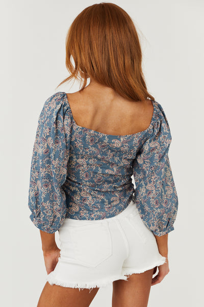 Steel Blue Multiprint 3-4 Sleeve Woven Top