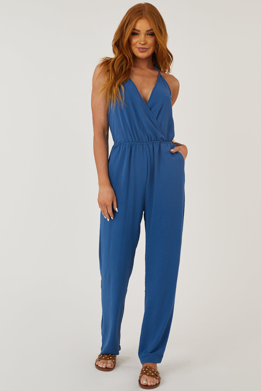 Steel Blue Open Back Jumpsuit with V Neck Tie & Lime Lush