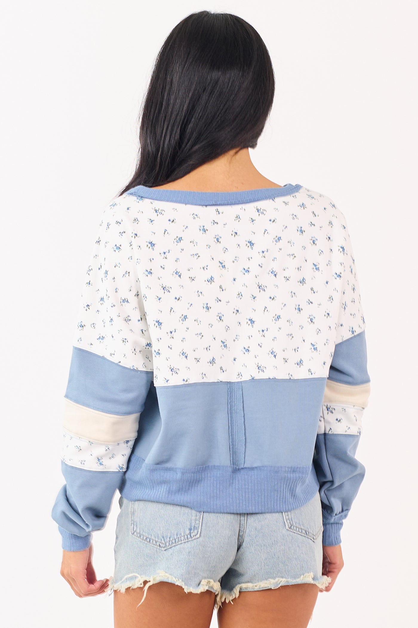 Steel Blue Patchwork Long Sleeve Sweatshirt