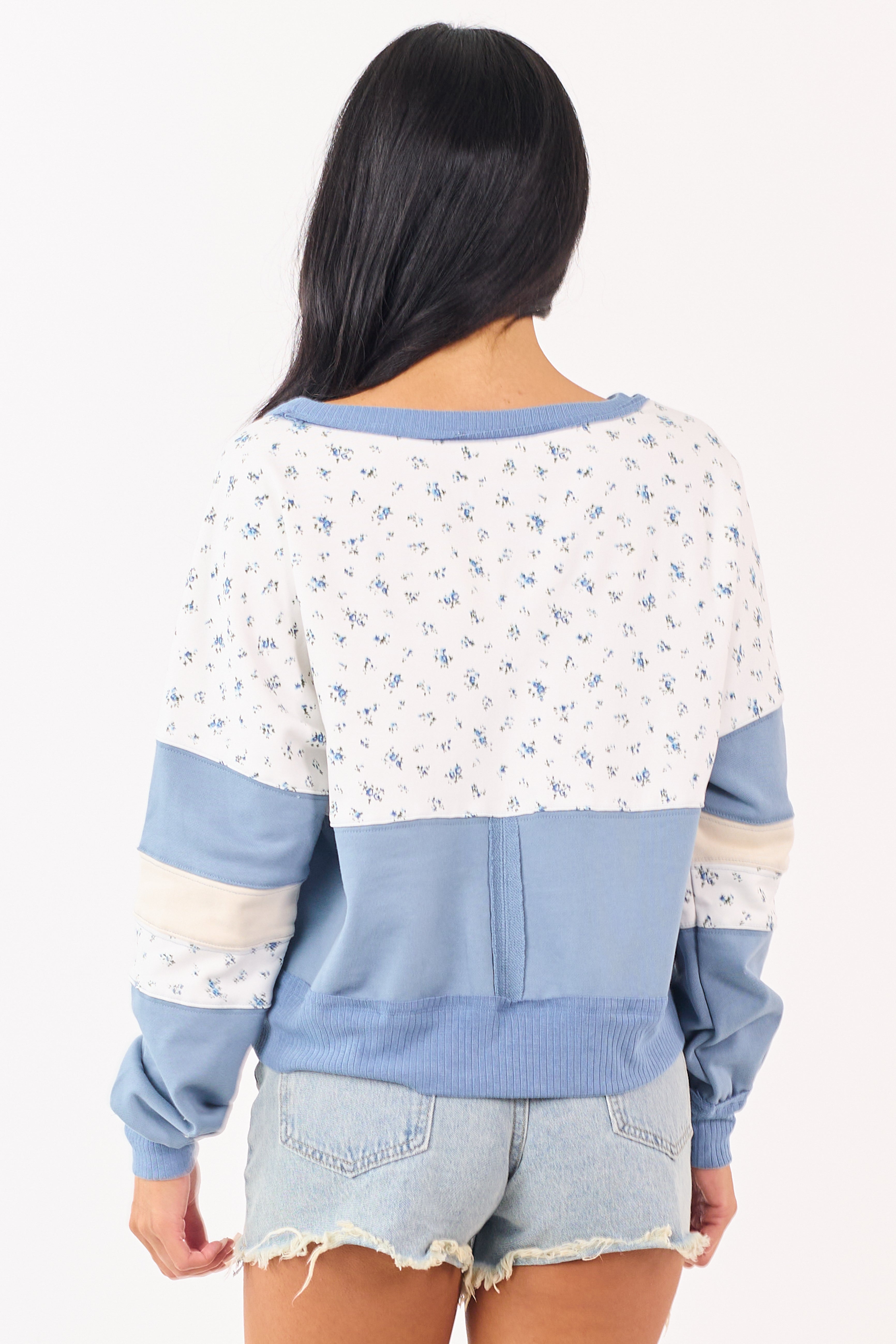 Steel Blue Patchwork Long Sleeve Sweatshirt