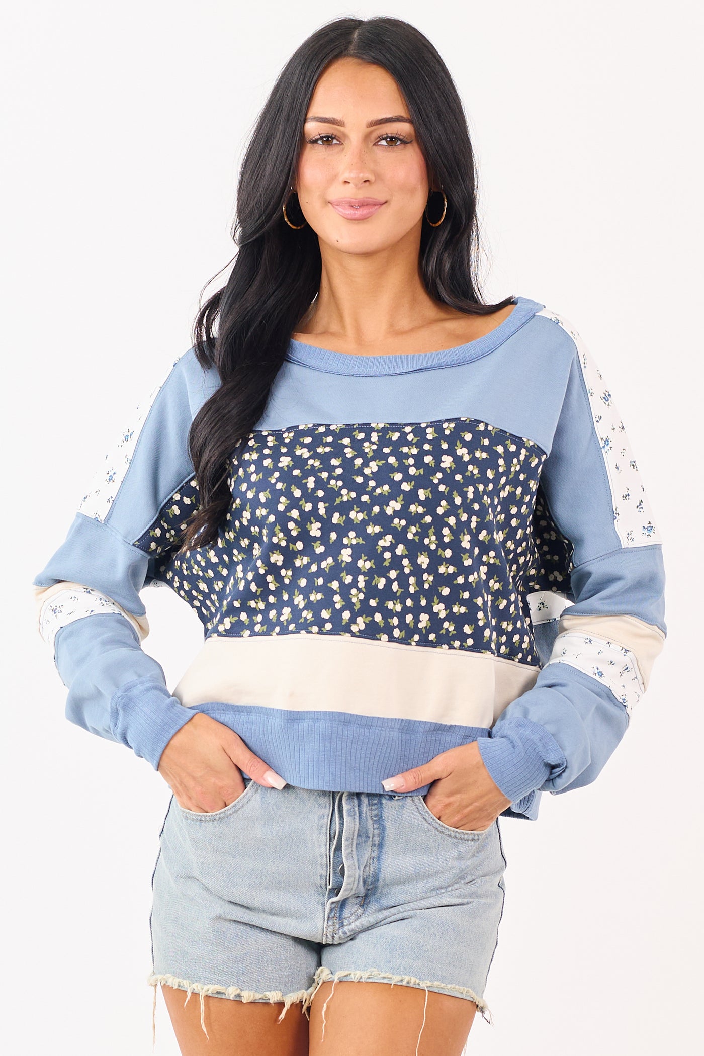 Steel Blue Patchwork Long Sleeve Sweatshirt