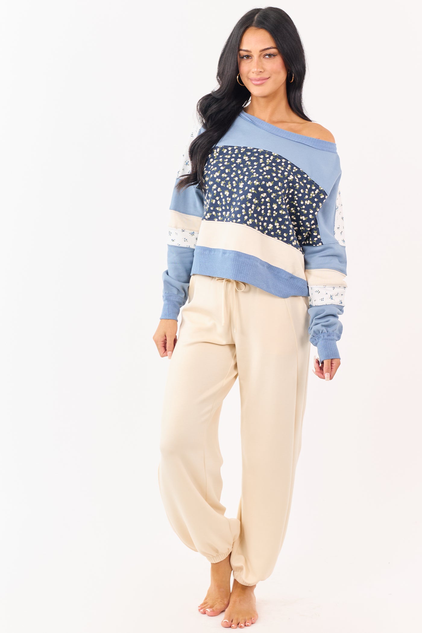 Steel Blue Patchwork Long Sleeve Sweatshirt