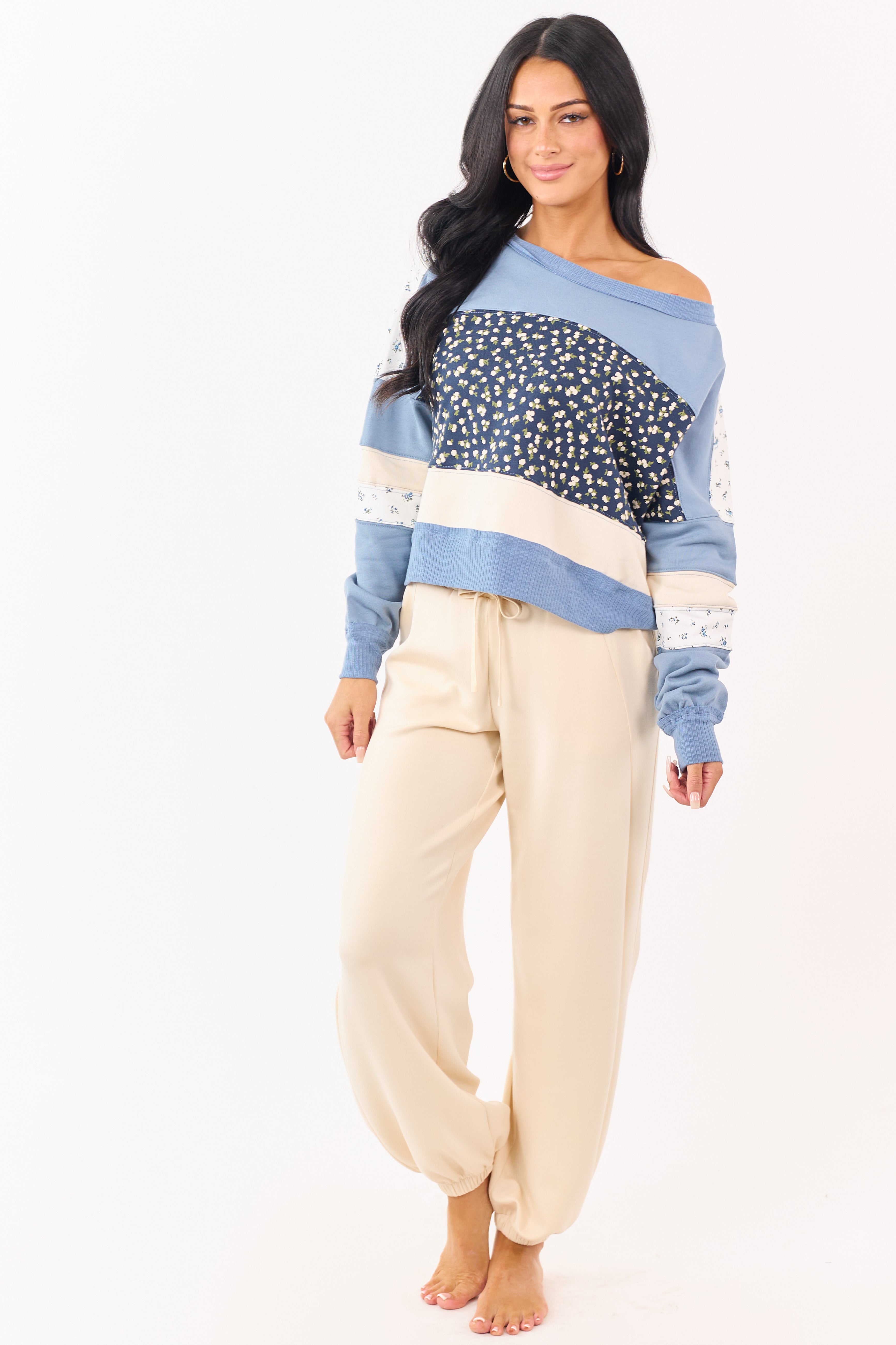Steel Blue Patchwork Long Sleeve Sweatshirt