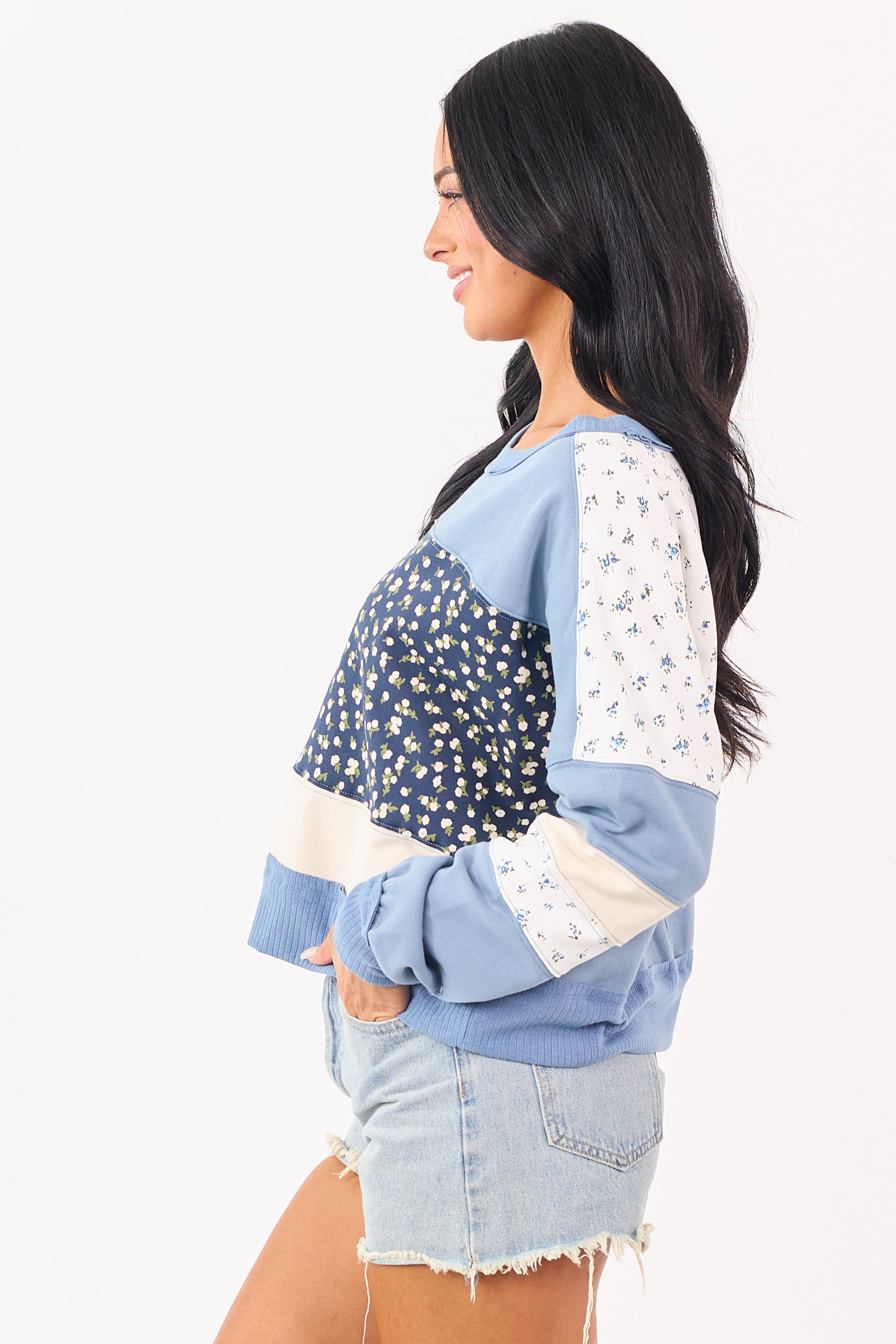 Steel Blue Patchwork Long Sleeve Sweatshirt