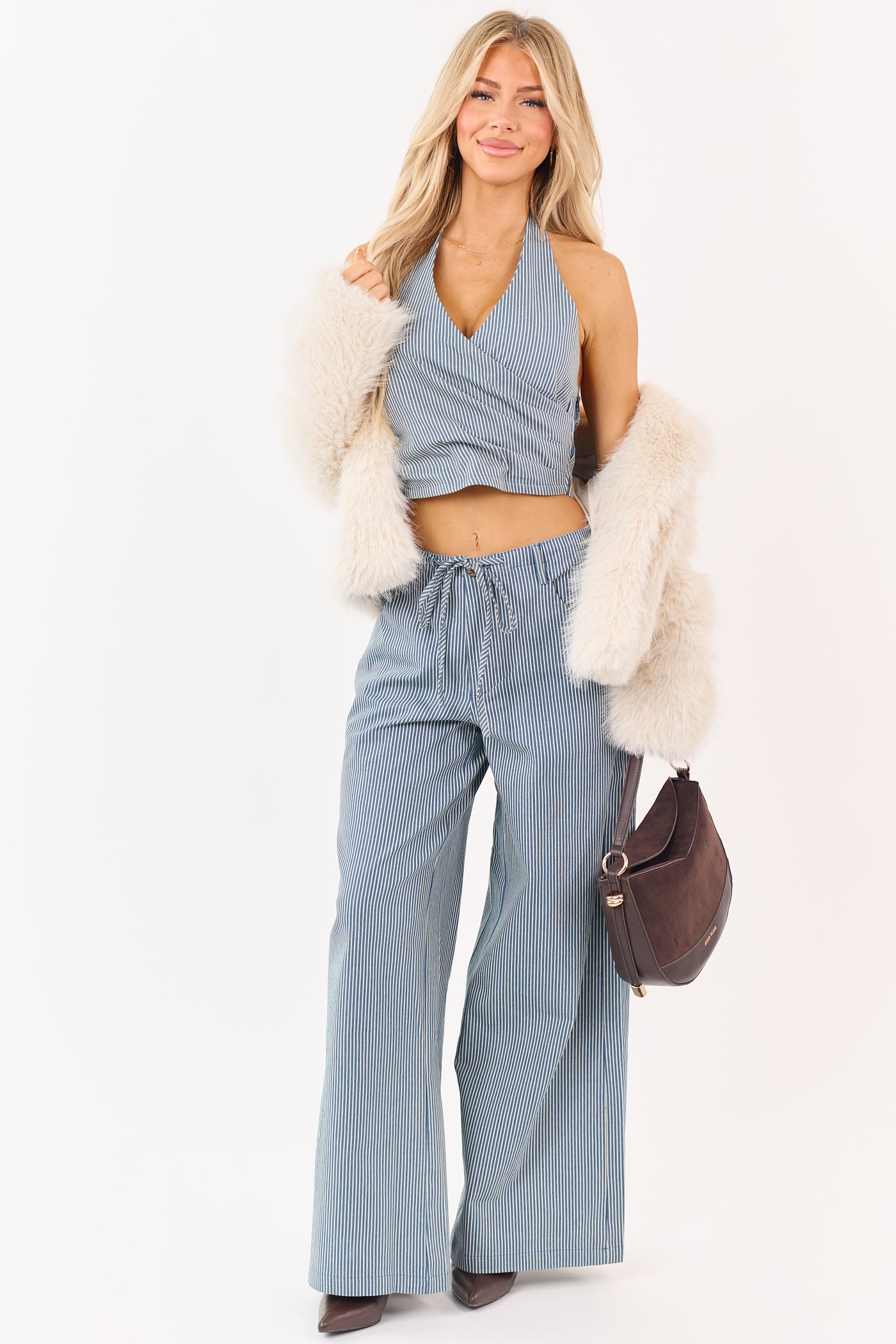 Steel Blue Pin Stripe Denim Wrap Cropped Halter Top