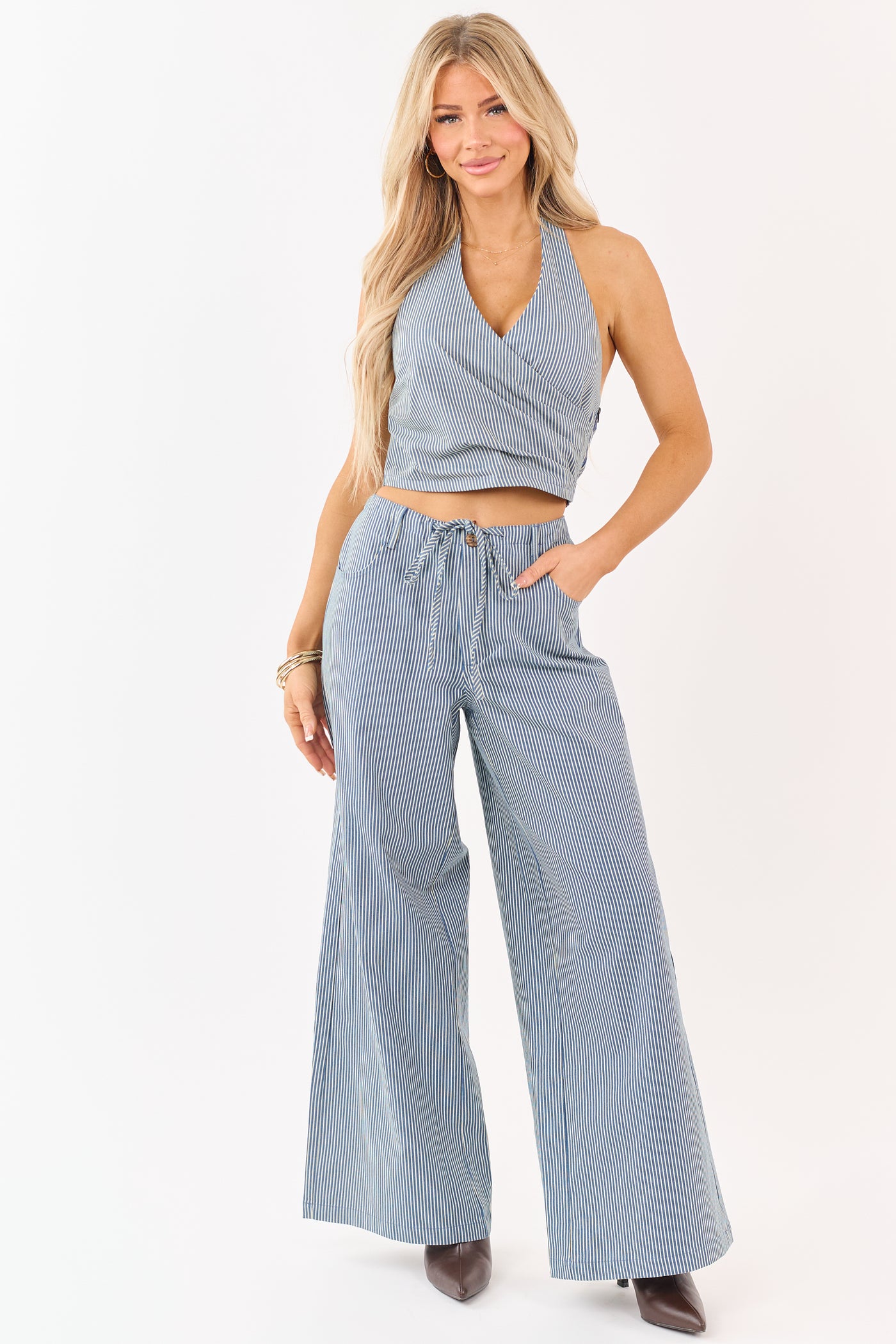 Steel Blue Pin Stripe Stretchy Denim Wide Leg Pants