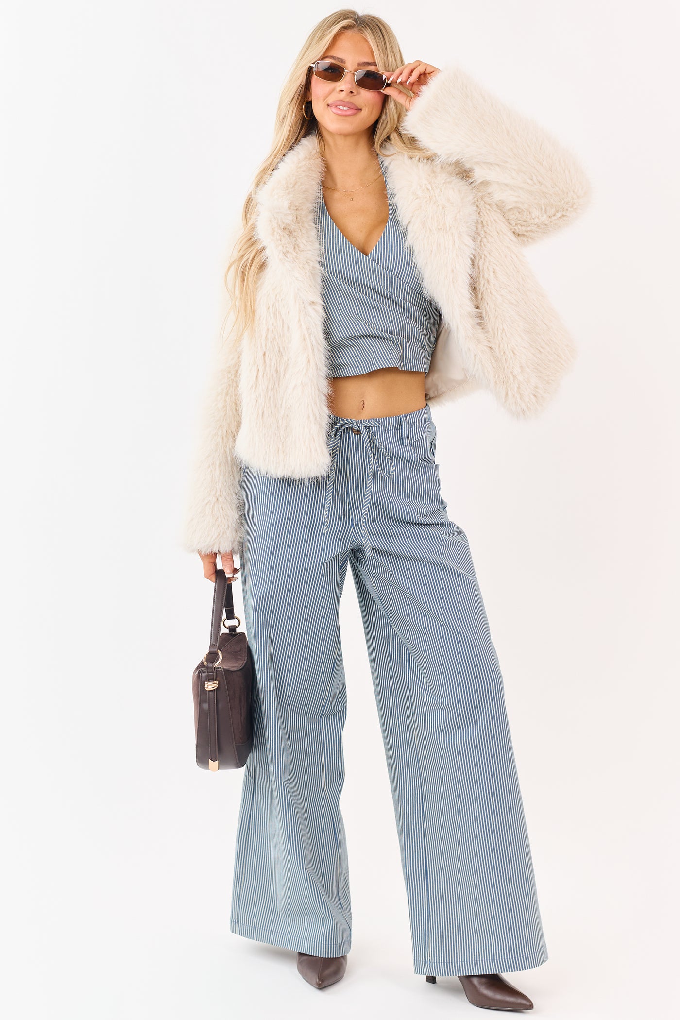 Steel Blue Pin Stripe Stretchy Denim Wide Leg Pants