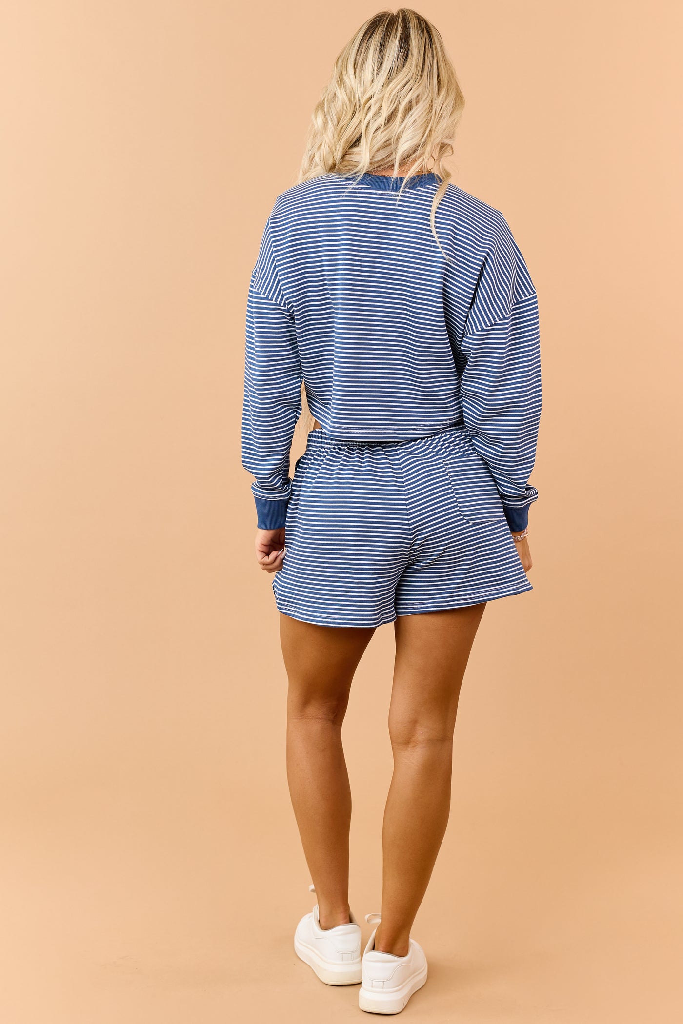 Steel Blue Striped Long Sleeve Top and Shorts Set