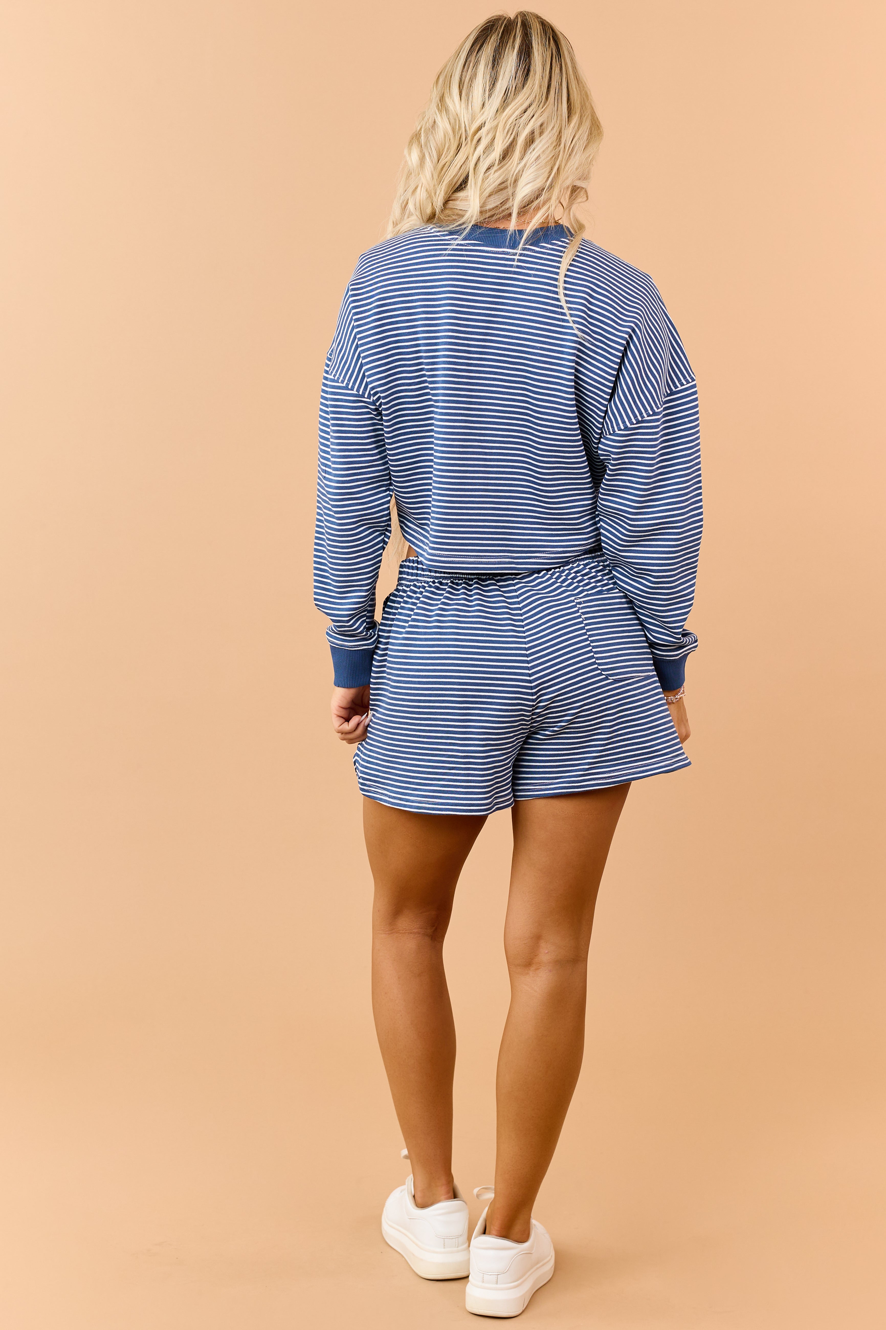 Steel Blue Striped Long Sleeve Top and Shorts Set