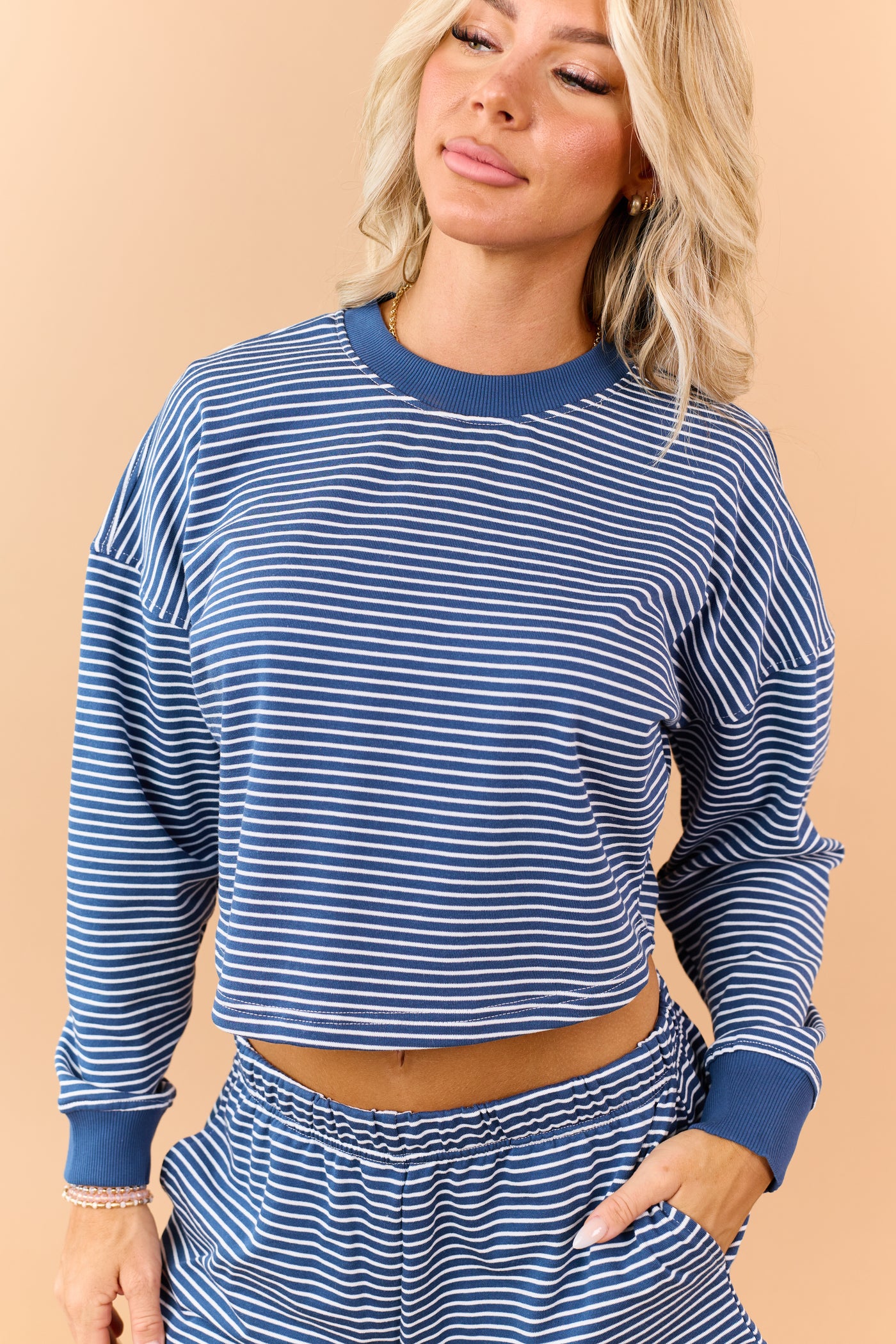 Steel Blue Striped Long Sleeve Top and Shorts Set