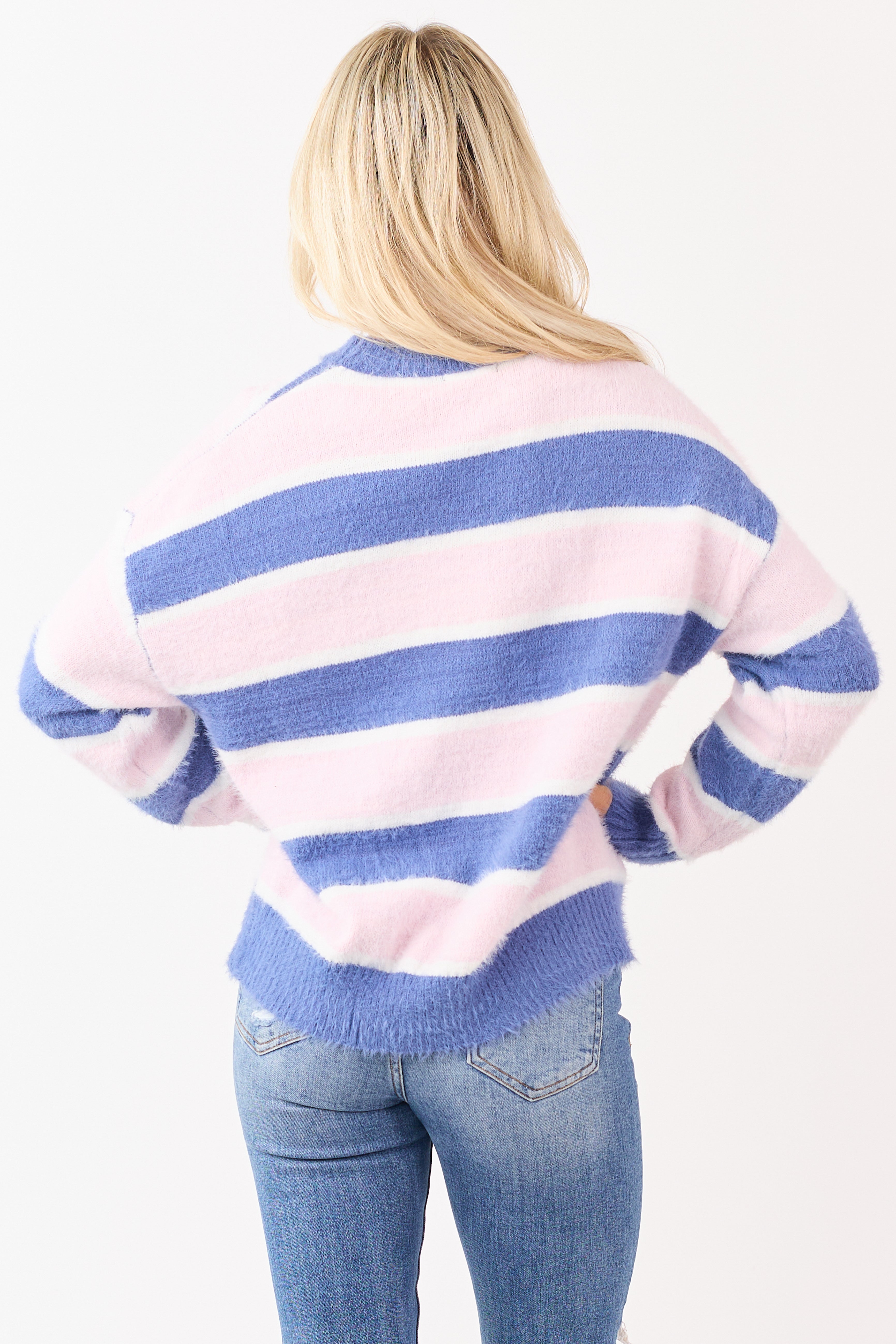 Steel Blue and Blush Striped Soft Fuzzy Knit Sweater