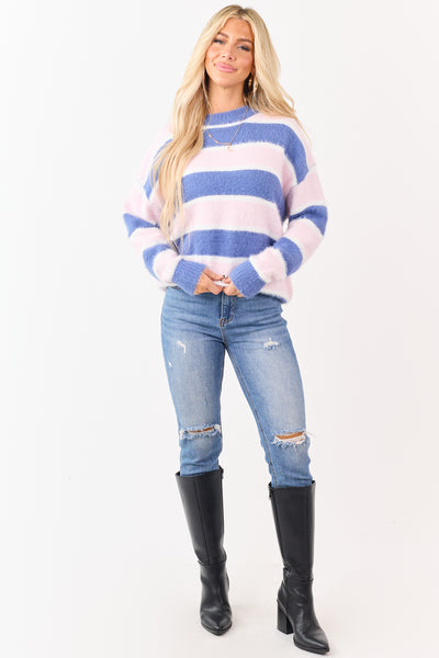 Steel Blue and Blush Striped Soft Fuzzy Knit Sweater