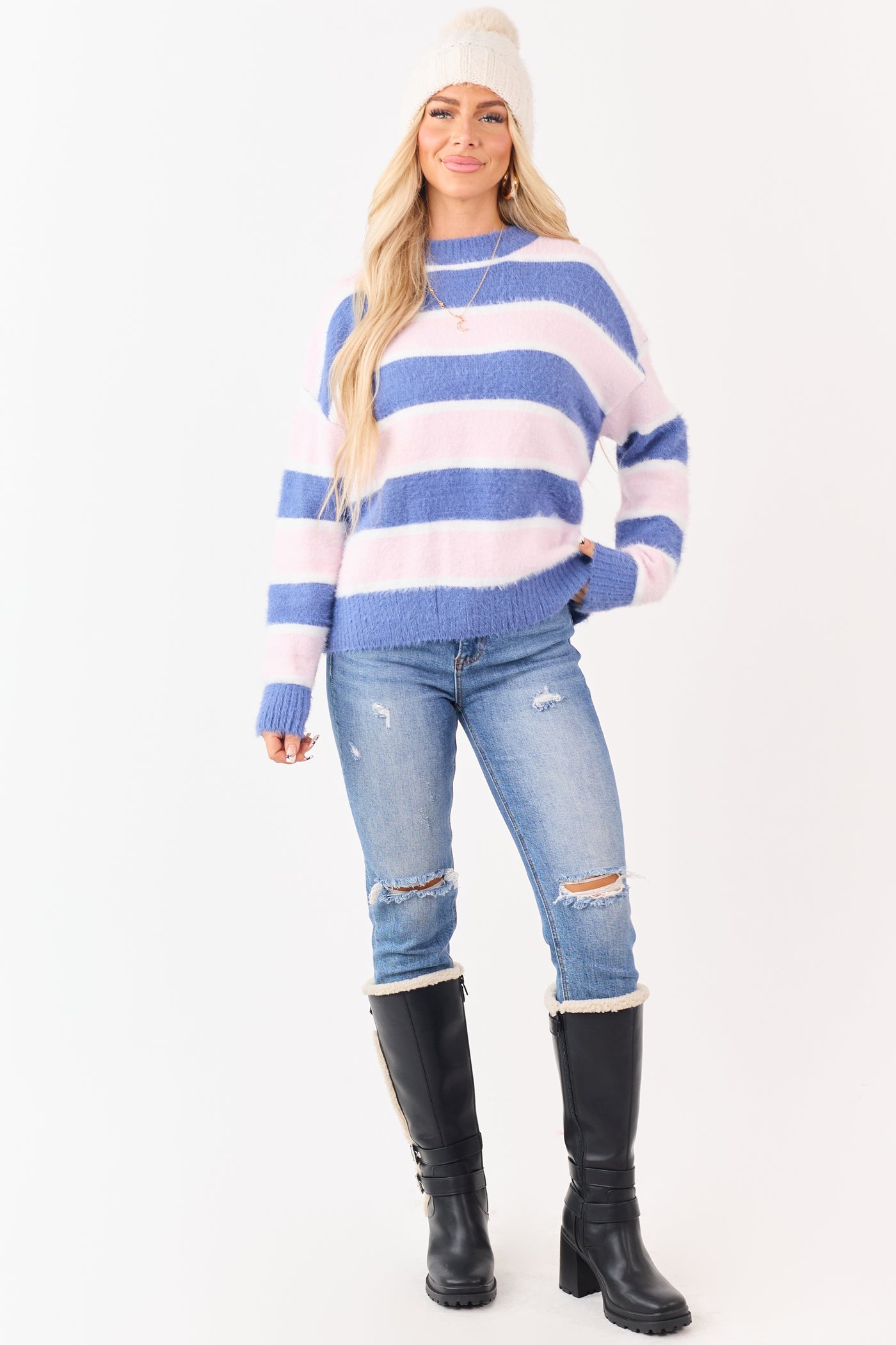 Steel Blue and Blush Striped Soft Fuzzy Knit Sweater
